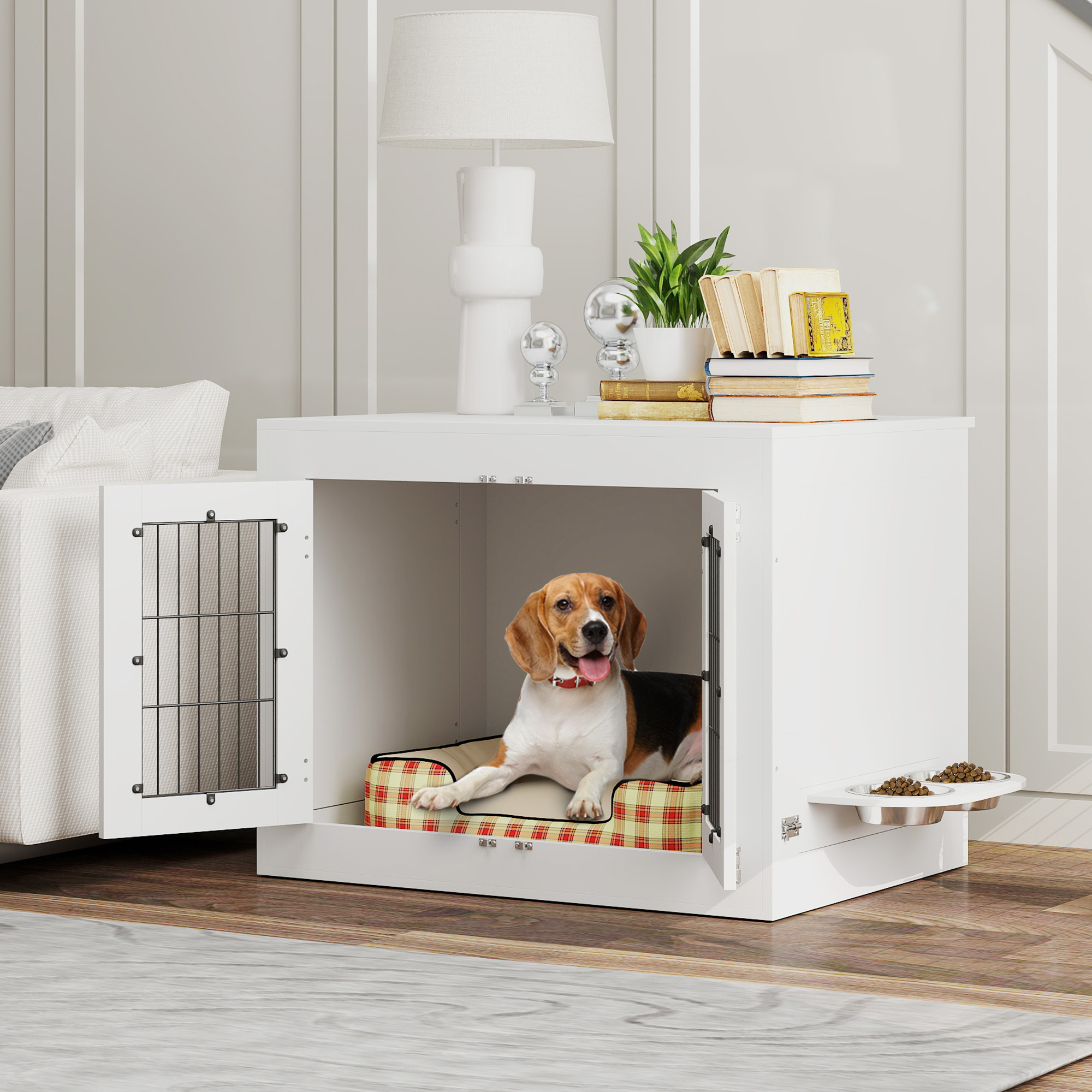 PawHut Hundekäfig für den Innenbereich, Hundekäfig aus Holz, 2 drehbare 360° Näpfe, 2 Türen, mittelgroßer Hund, 80 x 60 x 63 cm weiß
