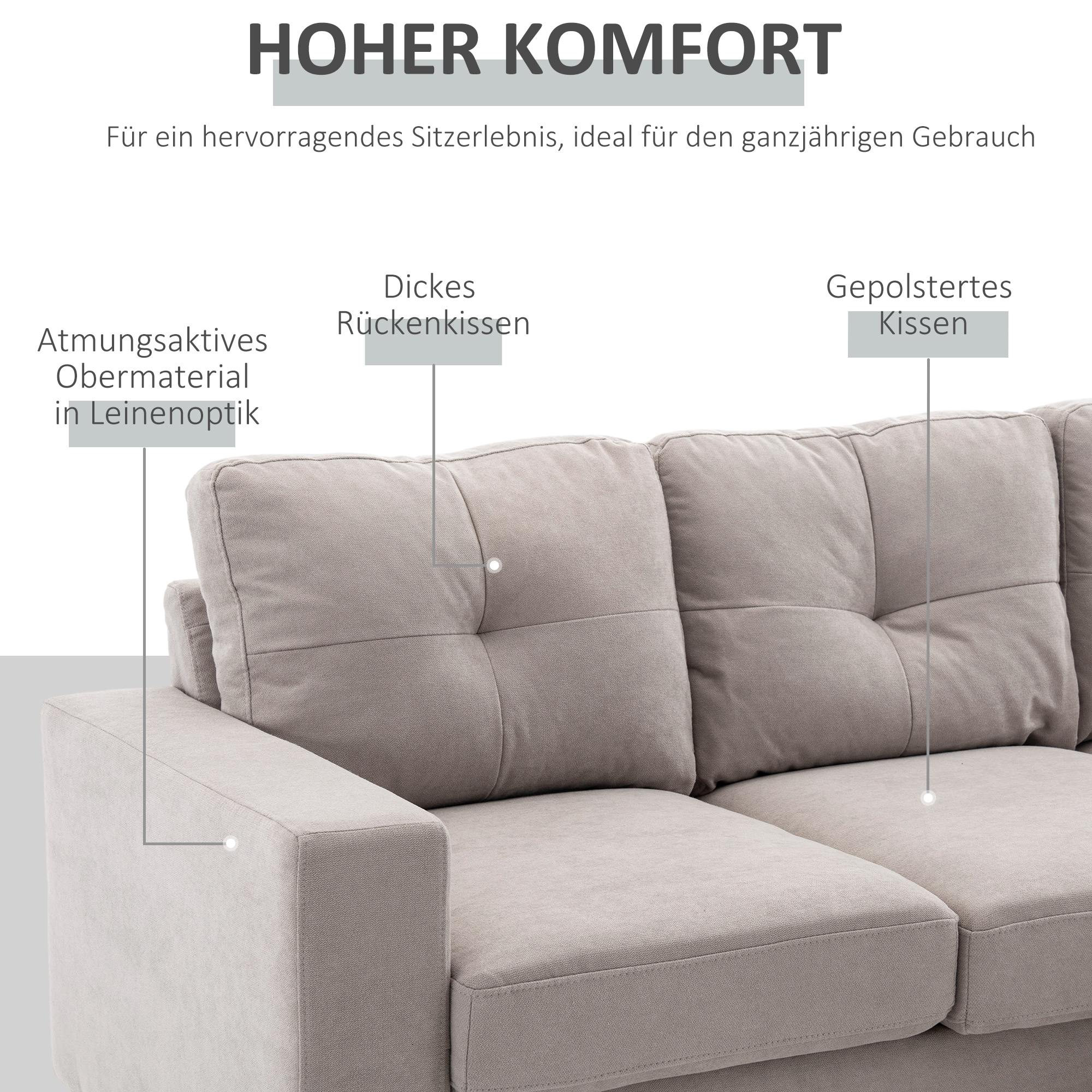 3-zits hoekbank, linnenlook, omkeerbare chaise longue, 193x136x85 cm, lichtgrijs