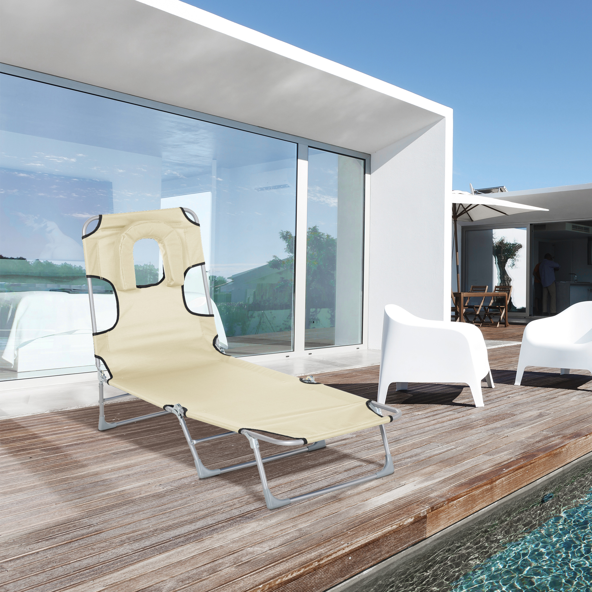 Outsunny Chaise longue pliante mit Kopfloch zum Lesen und verstellbarer Rückenlehne aus beige Oxford-Gewebe
