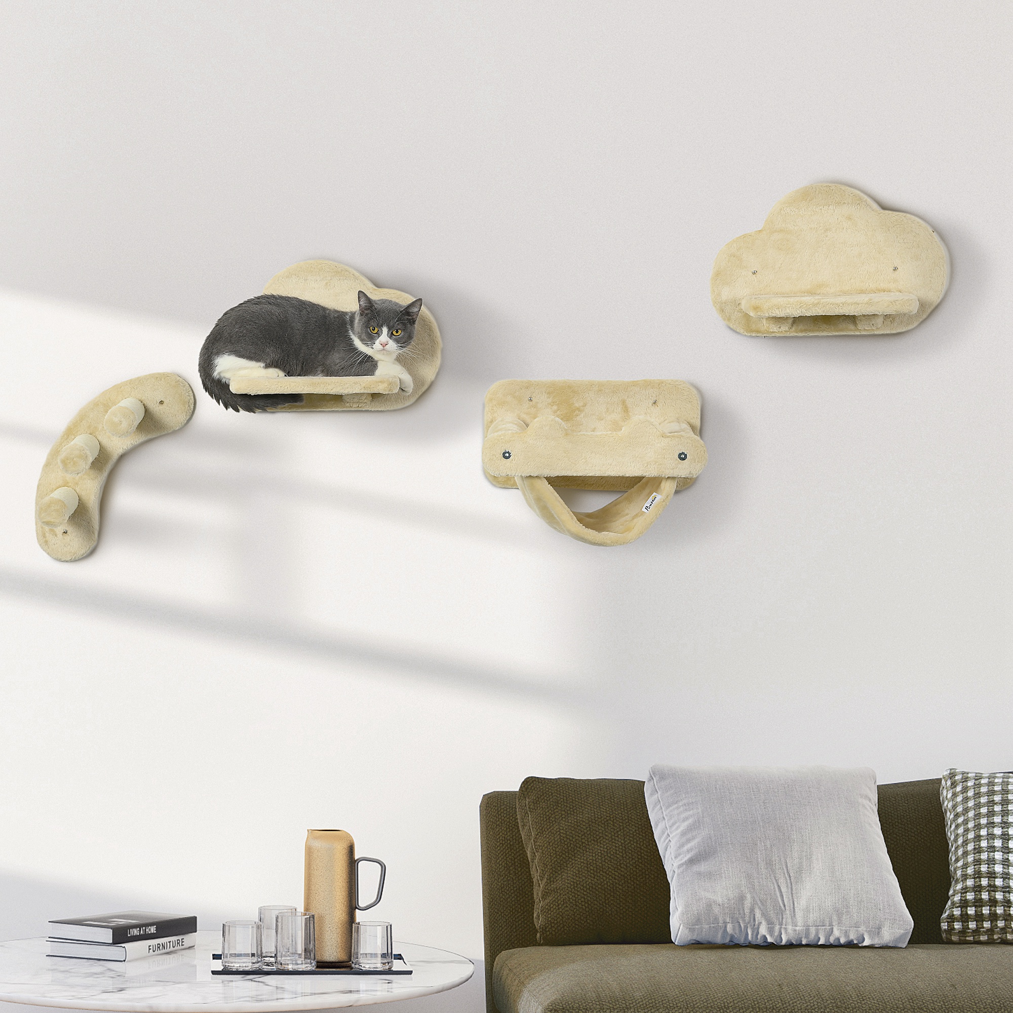 PawHut Katzentreppe, 4-teiliges Set, 3-stufige Sprossenleiter, 2 Plattformen, Hängematte, Plüschbezug, beige