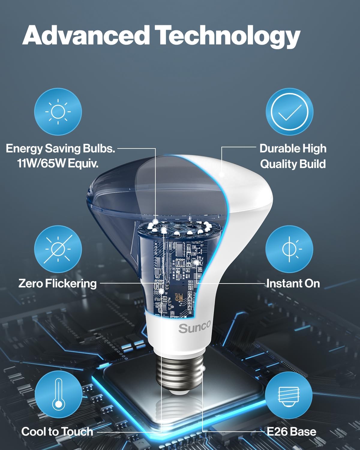 Sunco BR30 LED-Leuchtmittel für den Innenbereich, entspricht 11 W, 65 W, 2700 K, weiches Weiß, 850 lm, E26-Sockel, 25.000 Stunden Lebensdauer, dimmbare Inneneinbau-Glühbirnen – UL & Energy Star, 48