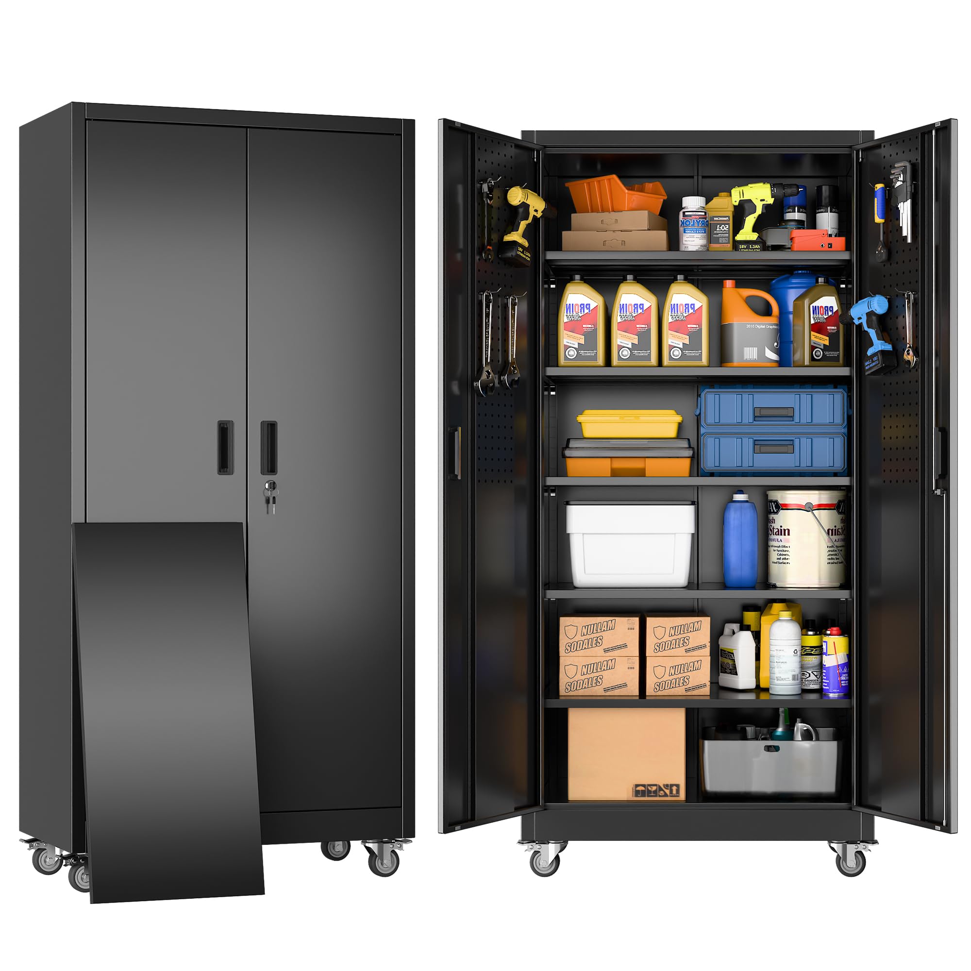 Metallschrank mit Pegboard 180 x 80 x 40 cm abschließbar 5 verstellbare Trennwände 4 Rollen 250 kg Tragkraft Schwarz