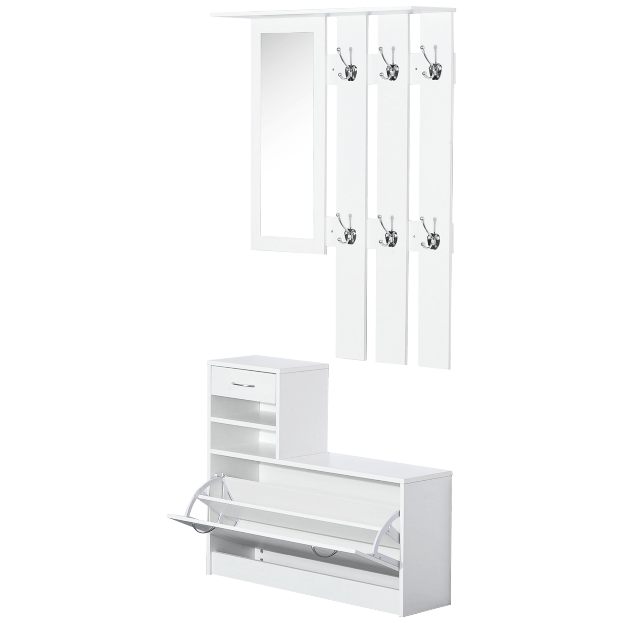 HOMCOM 3 in 1 Garderoben Set Garderobenpaneel Schuhschrank mit Spiegel 2 tlg Weiß