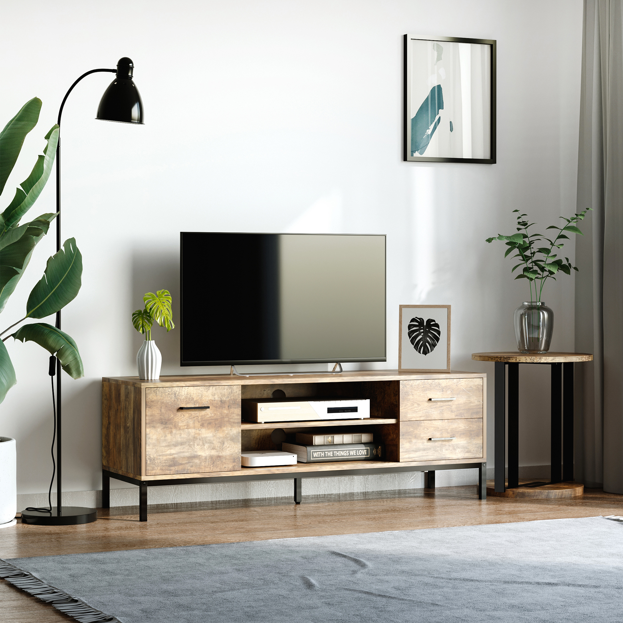 HOMCOM TV-Ständer, Industrial-Design, Schrankfach, 2 Regalfächer, 2 Schubladen, braun, 132 x 39 x 45,5 cm