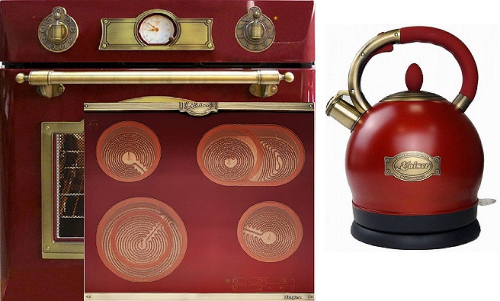 Backofen-Set Herd Set Autark Elektro Backofen, Selbstreinigung, Drehspieß, 8 Funktionen mit Glaskeramik Kochfeld 60cm Einbau Herd 4 QuickHeat-Kochzonen Hi-Light mit Exklusiver Retro Wasserkocher Kontroll LED 2L 1800 W EH 6355 RotEm+KCT 6185 RotEm+WK