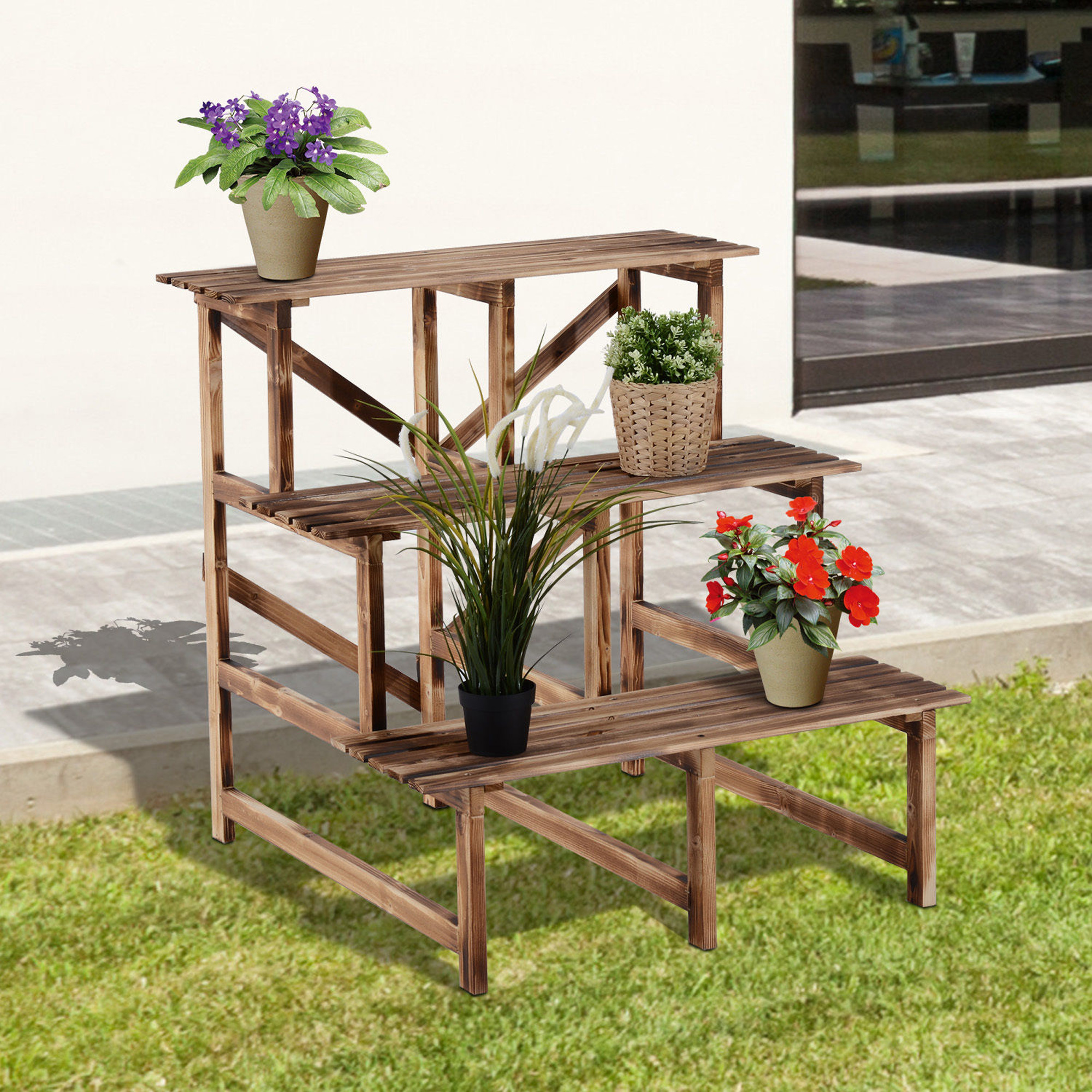 Outsunny Pflanzentreppe, Blumentreppe, Blumenregal, Pflanzregal, Blumenständer, 3 Stufen, Tannenholz, 80 x 80 x 78cm