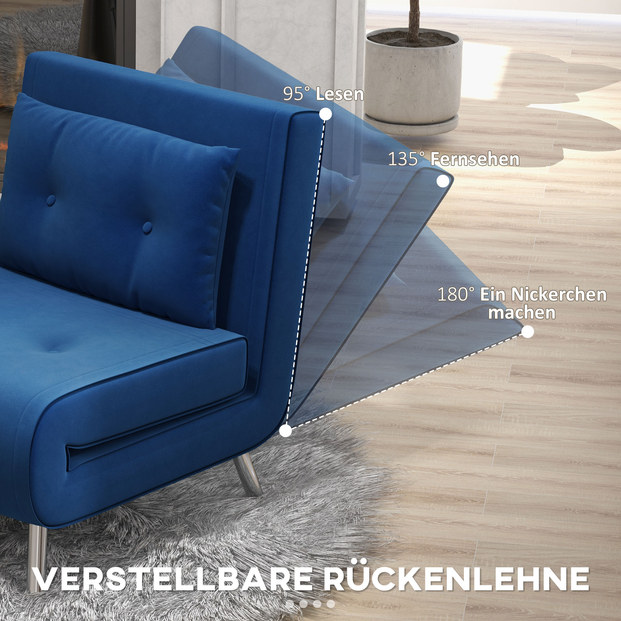 HOMCOM Ligstoel Stoel met Ligfunctie Slaapstoel, Knoopstiksels, Fluweellook, 77 cm x 88 cm x 83 cm, Blauw