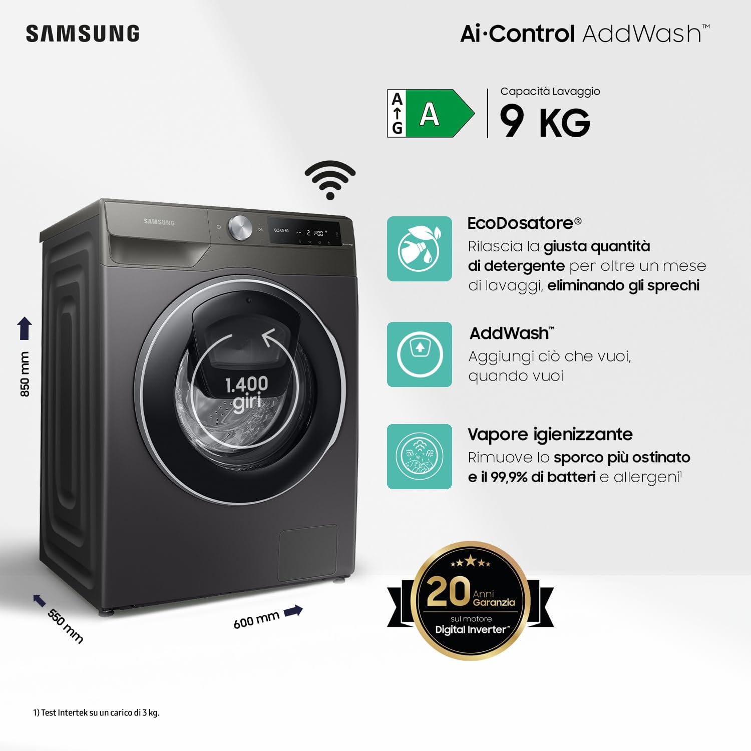 Samsung Lavatrice AI control Addwash WW90T684DLN/S3, Libera installazione, 9 Kg, 1400 RPM, WiFi, Ecodosatore, Vapore, Carica Frontale, 60l x 85h x 55p cm, Nero