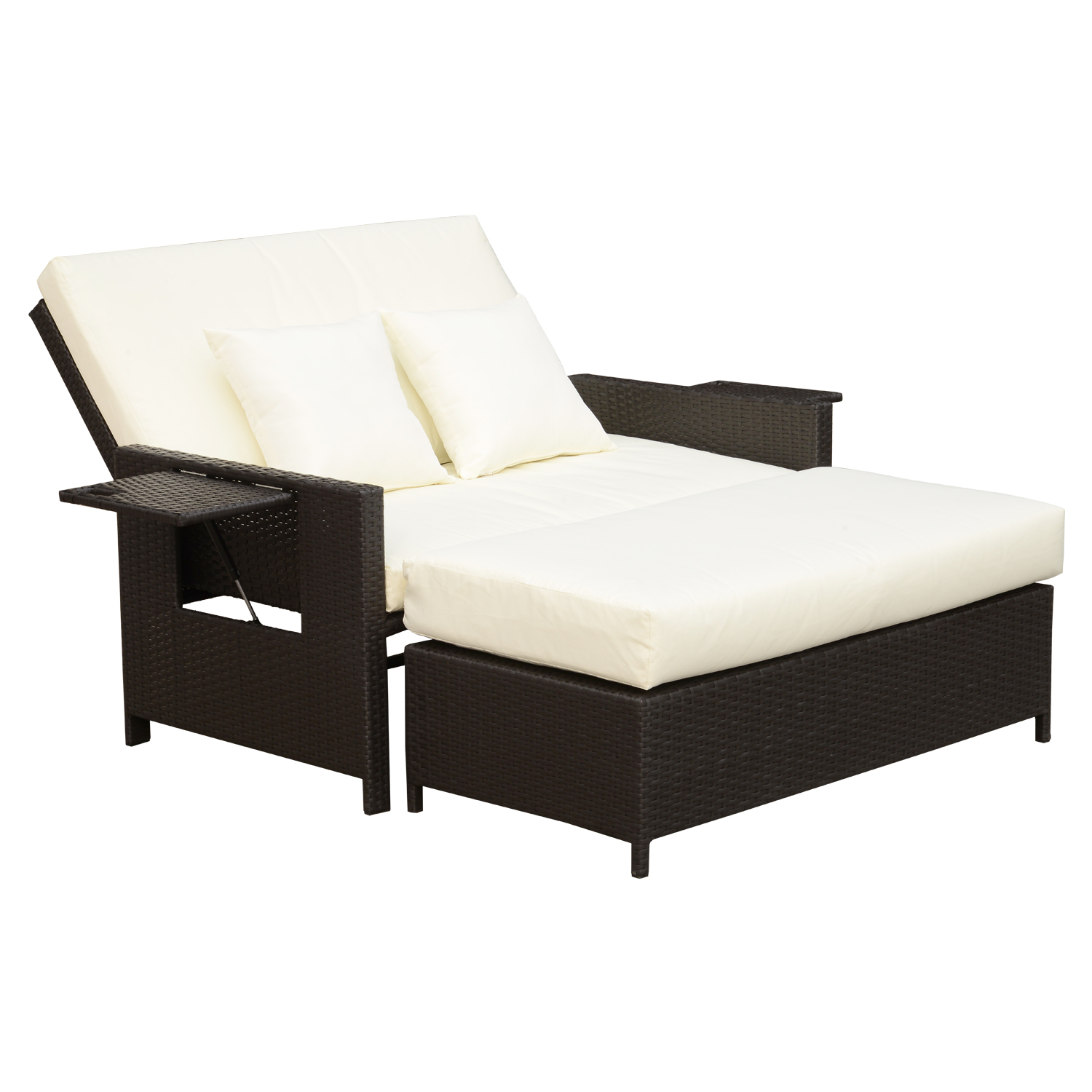 Outsunny Poly-rotan loungebank 2-zits set ligstoel kruk bruin
