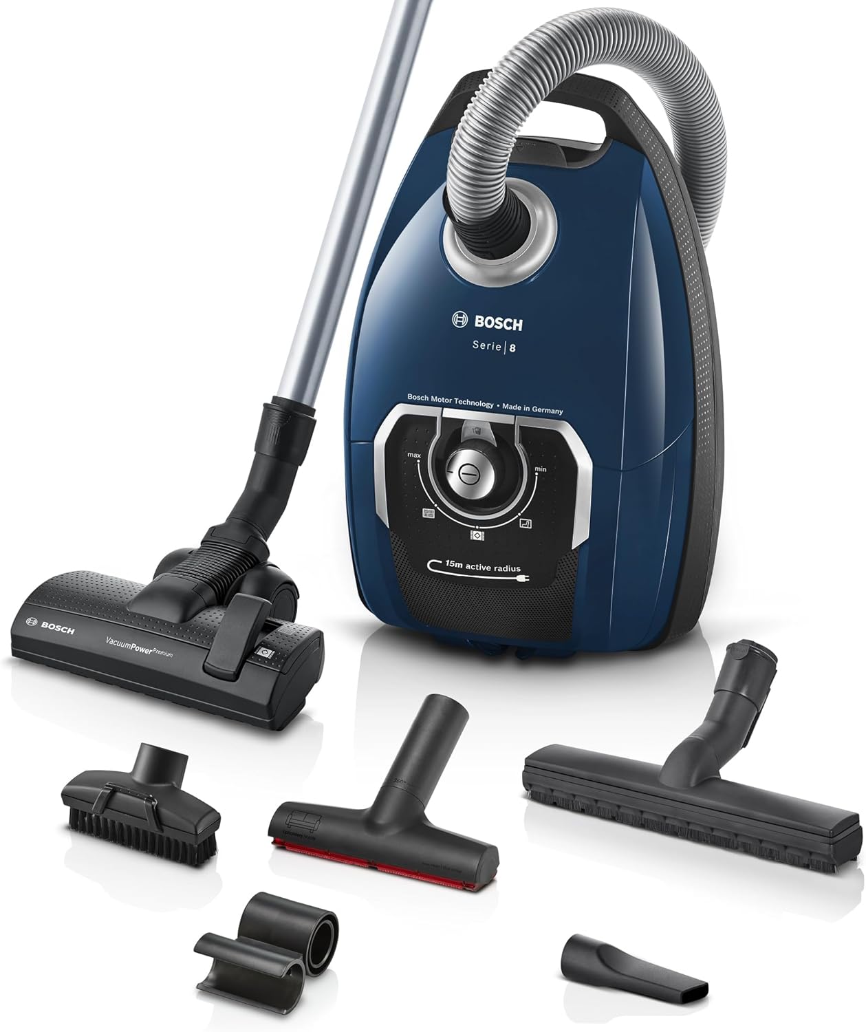 Bosch Staubsauger mit Beutel Serie 8 BGB75X494, Bodenstaubsauger, ideal für Allergiker, Hygiene-Filter, Bodendüse für Parkett, Teppich, Fliesen, langes Kabel, leise, 650 W, blau