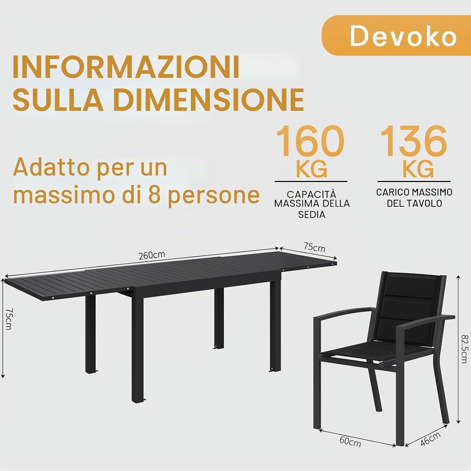 Devoko 6 Persone Set Tavolo e Sedie Da Giardino In Alluminio, 6 Sedie Impilabili e 1 130-260CM Tavolo Da Giardino Allungabile In Alluminio, Set Da Giardino Esterno, Grigio Scuro