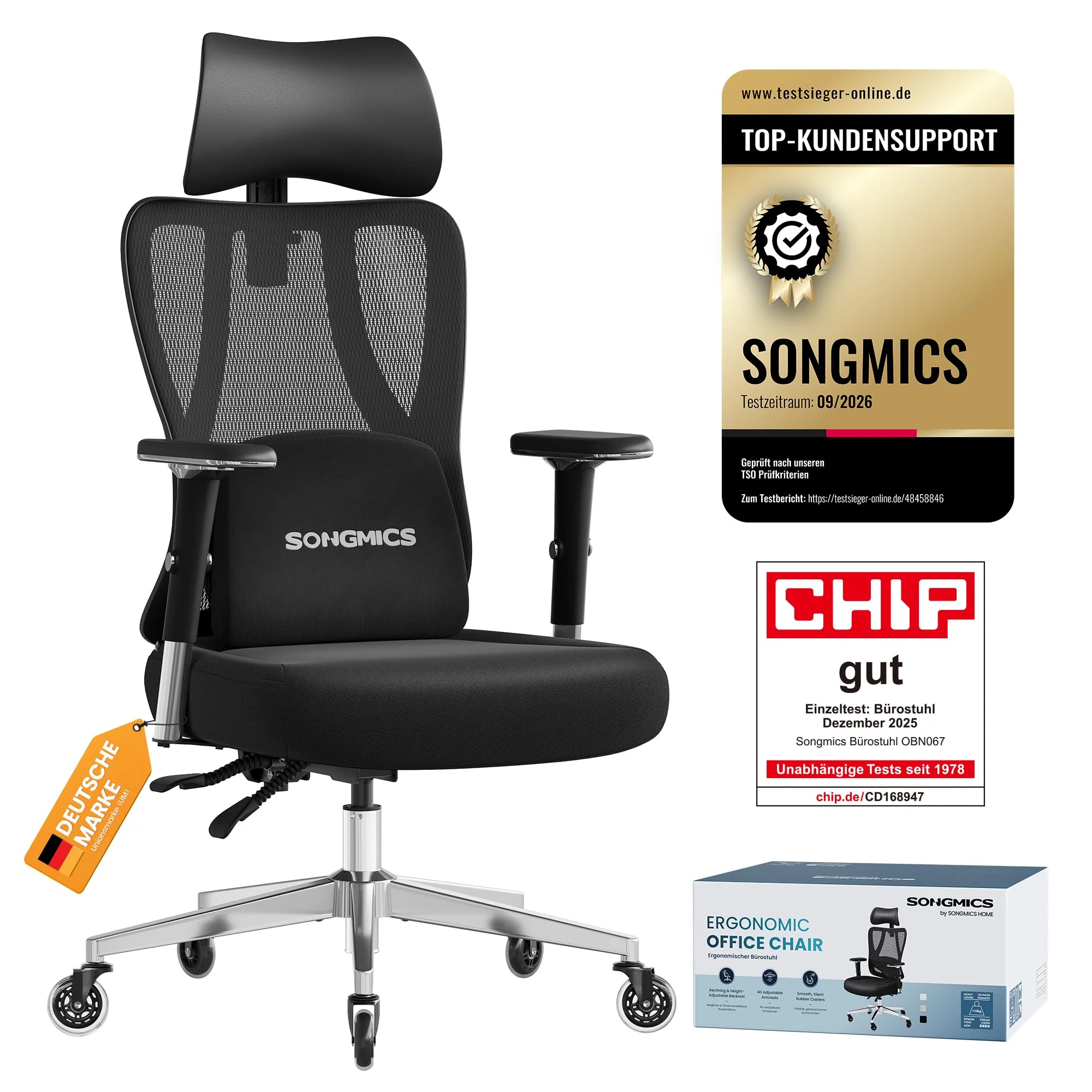 SONGMICS Ergonomischer Bürostuhl mit klappbaren Armlehnen und höhenverstellbarem Sitz