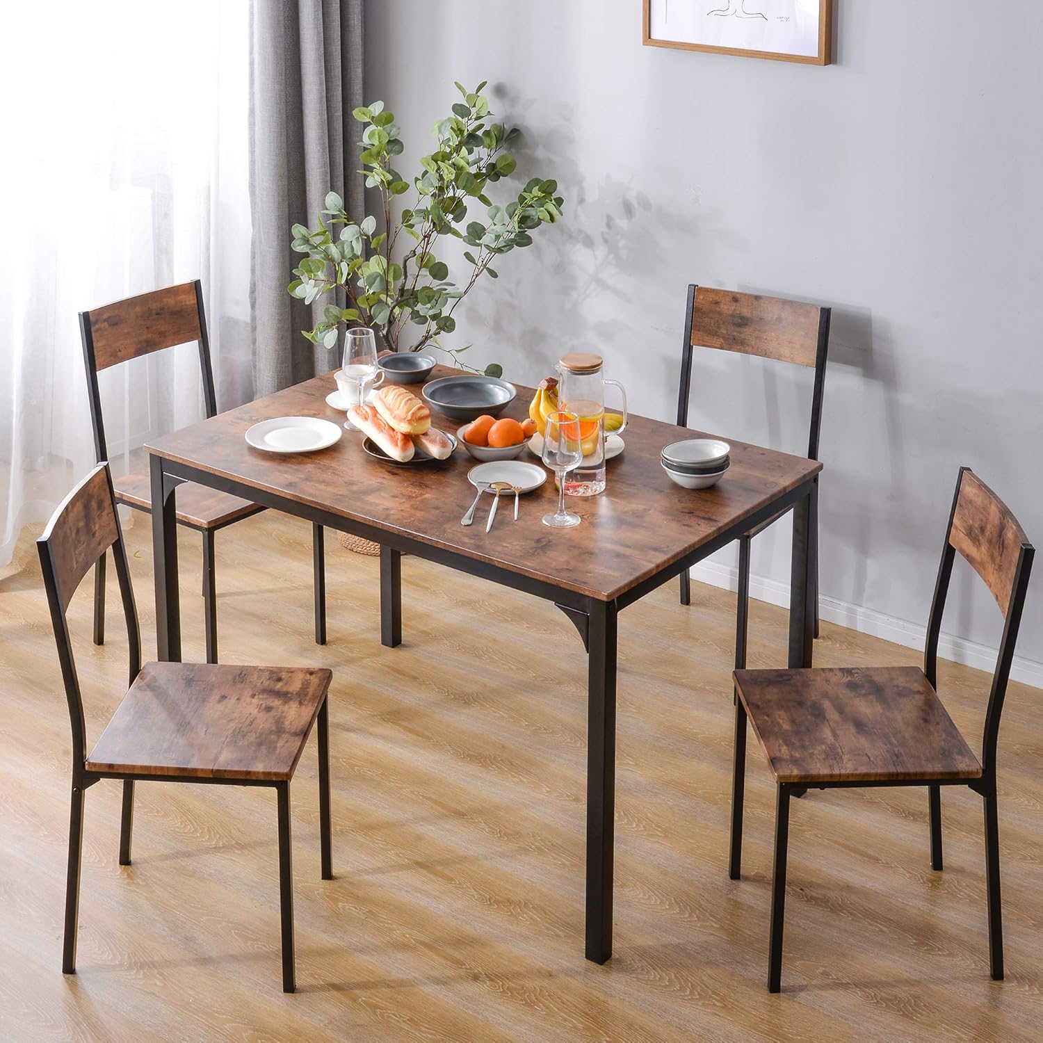 KAZZIO Tavolo da pranzo con 4 sedie, per balcone e sala da pranzo e soggiorno, colore: marrone vintage