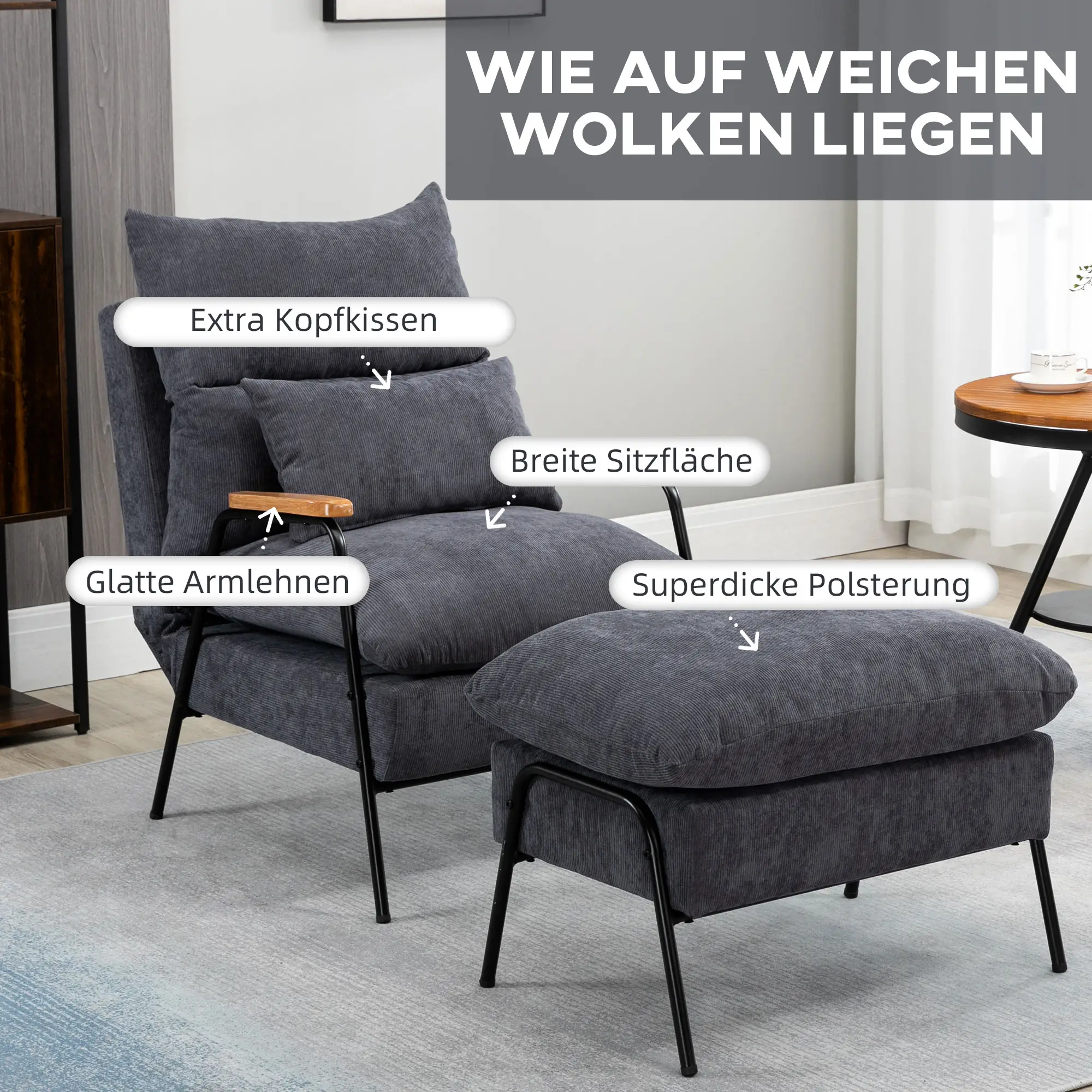 HOMCOM Relaxsessel mit Hocker verstellbare Rückenlehne Set Cord Grau