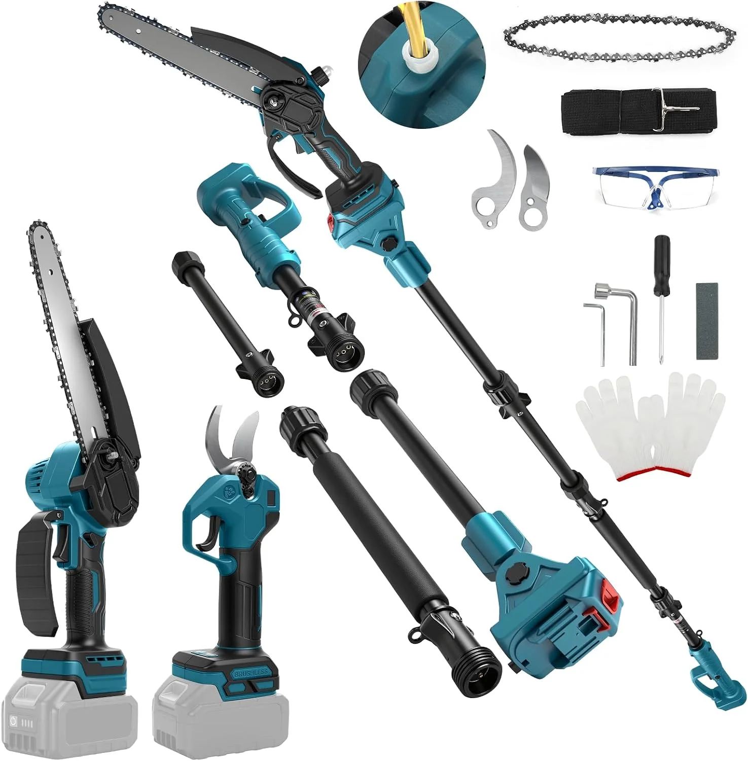 8 Zoll Mini Kettensäge mit Teleskopstange & 28 mm Elektro Gartenschere, Maximale Reichweite bis 4m(Batterie nicht enthalten), 4-in-1
