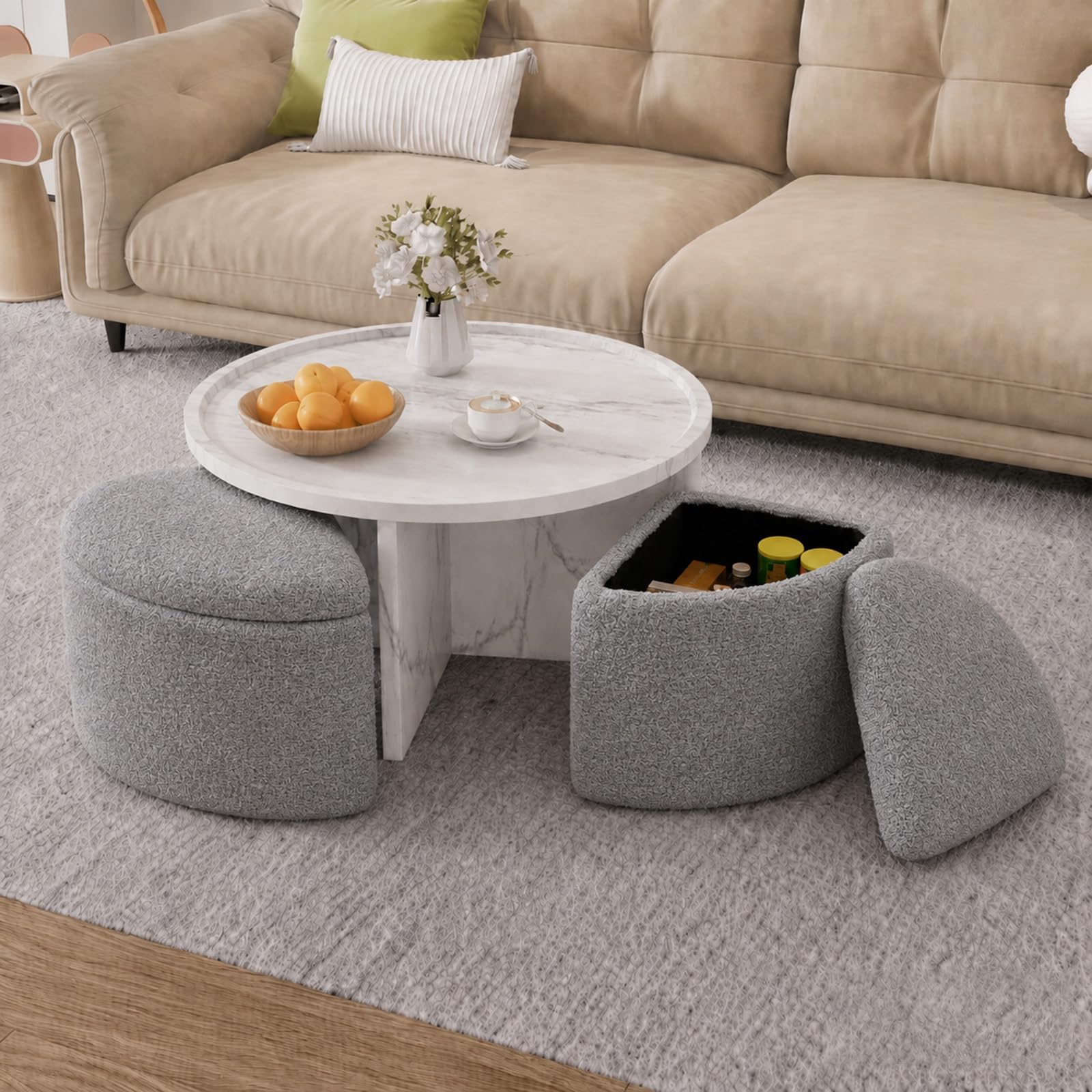 Runder Couchtisch mit 4 Hockern & Stauraum, 80 cm, platzsparend