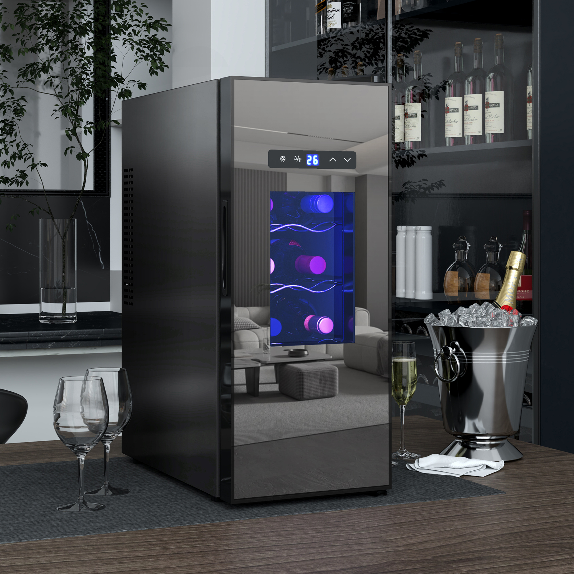 HOMCOM Wijnkoelkast voor 12 Flessen met Glazen Deur en LED-Licht, Touch-Screen, Zwart