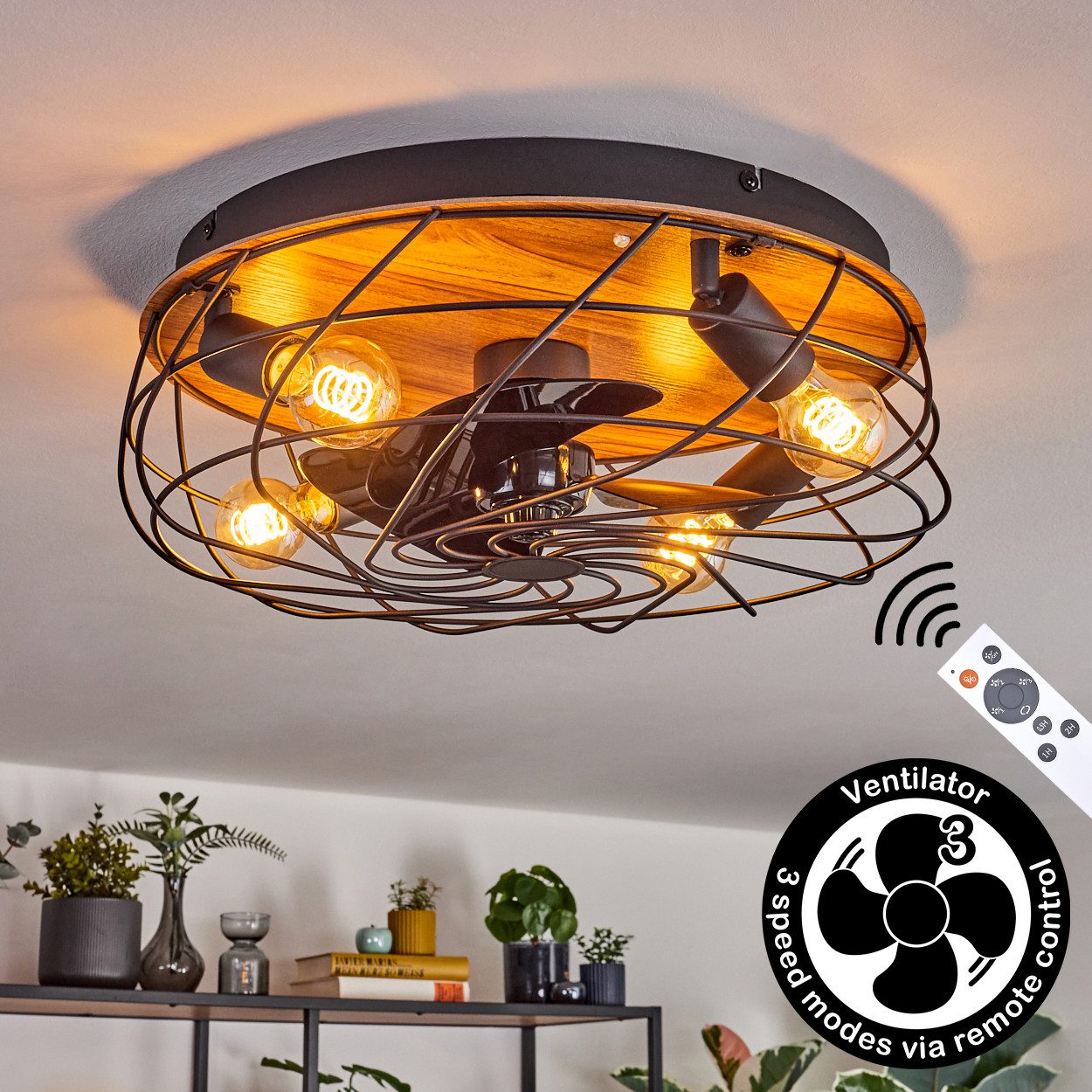 Deckenventilator Ventilator aus Metall/MDF in Schwarz/Holzoptik in Gitter-Optik