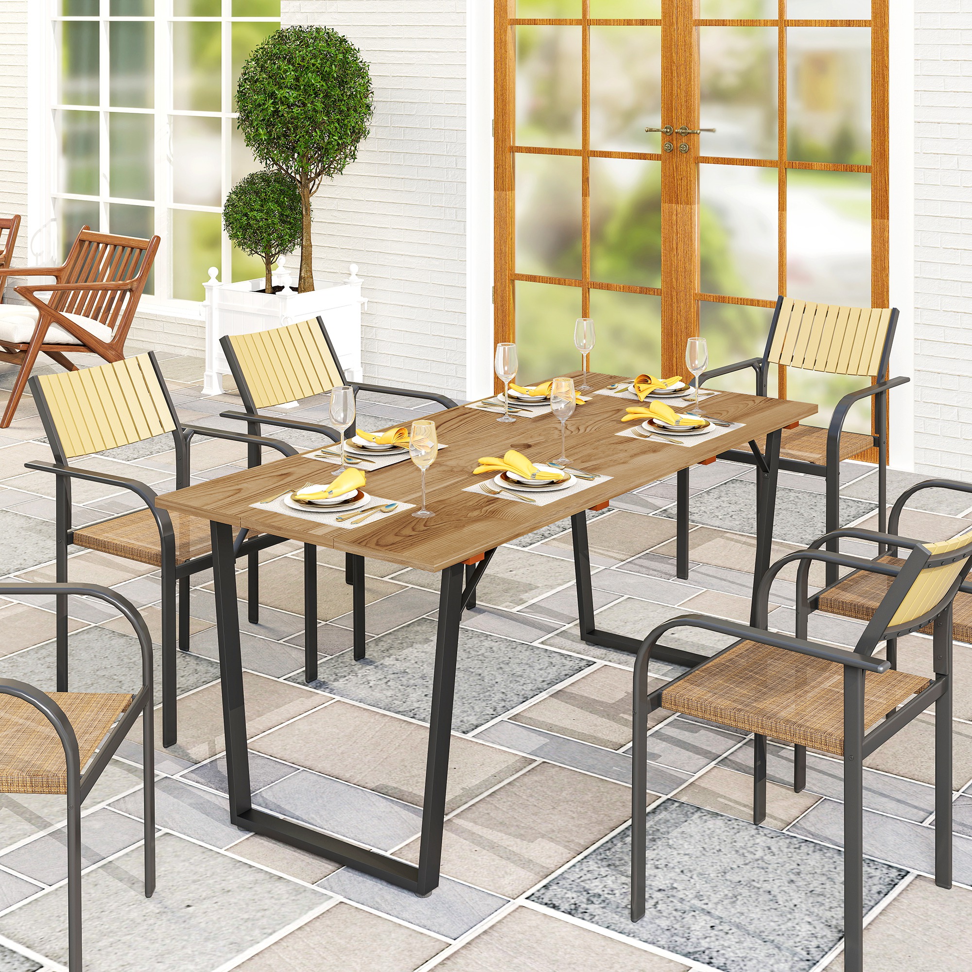 Weerbestendige Houten Tuintafel 175x80 cm met Parasolgat voor 6 Personen - Bruin