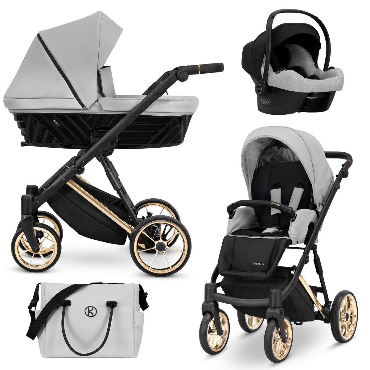 Kombi-Kinderwagen Ivento Premium 3in1 Kinderwagen mit Goldrahmen und Zubehör