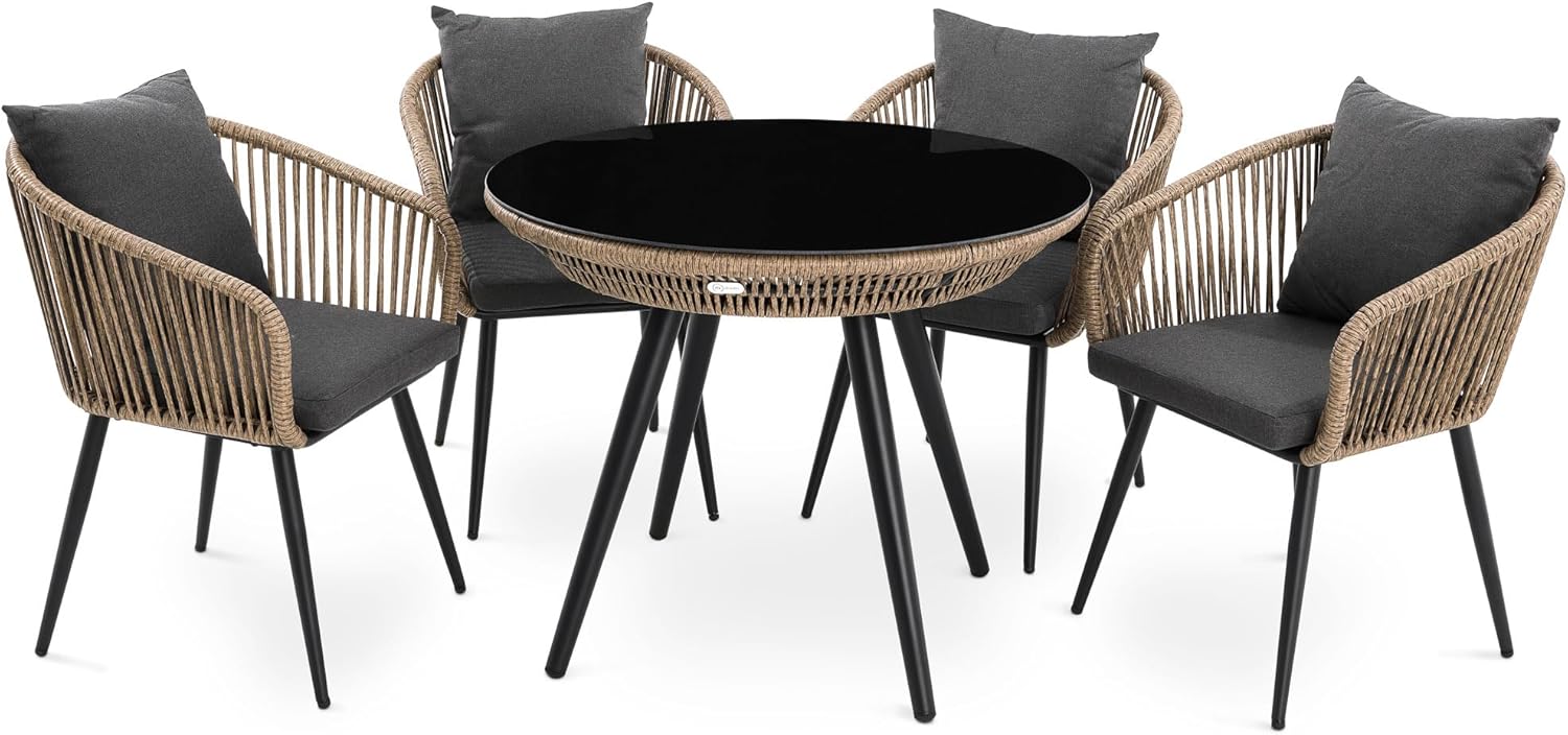 di volio Gartenmöbel-Set RIETI Beige/Grau, Terrassenmöbel aus Polyrattan und Stahl, Gartenmöbel für 4 Personen - Couchtisch & 4 Stühle