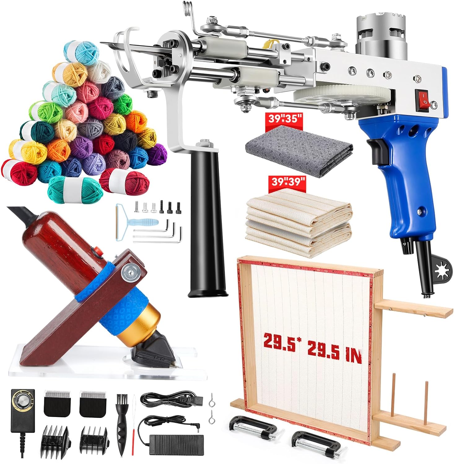 Riiai Tufting Gun Starter Kit 2024 &ndash; Includes Frame 29.5&prime;&prime;x29.5&prime;&prime;, Cut & Loop Pile Gun, 200W Carpet Trimmer &ndash; Blue/Mahogany