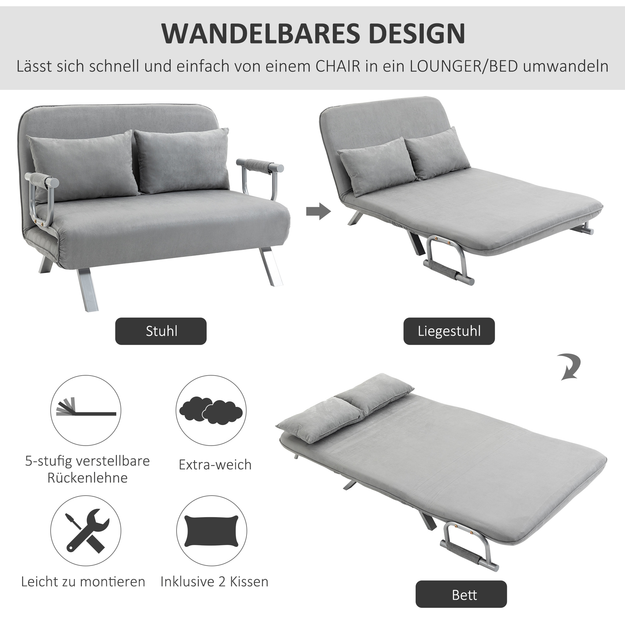 Slaapbank, tweepersoonsbank, logeerbed, inclusief 2 kussens, grijs