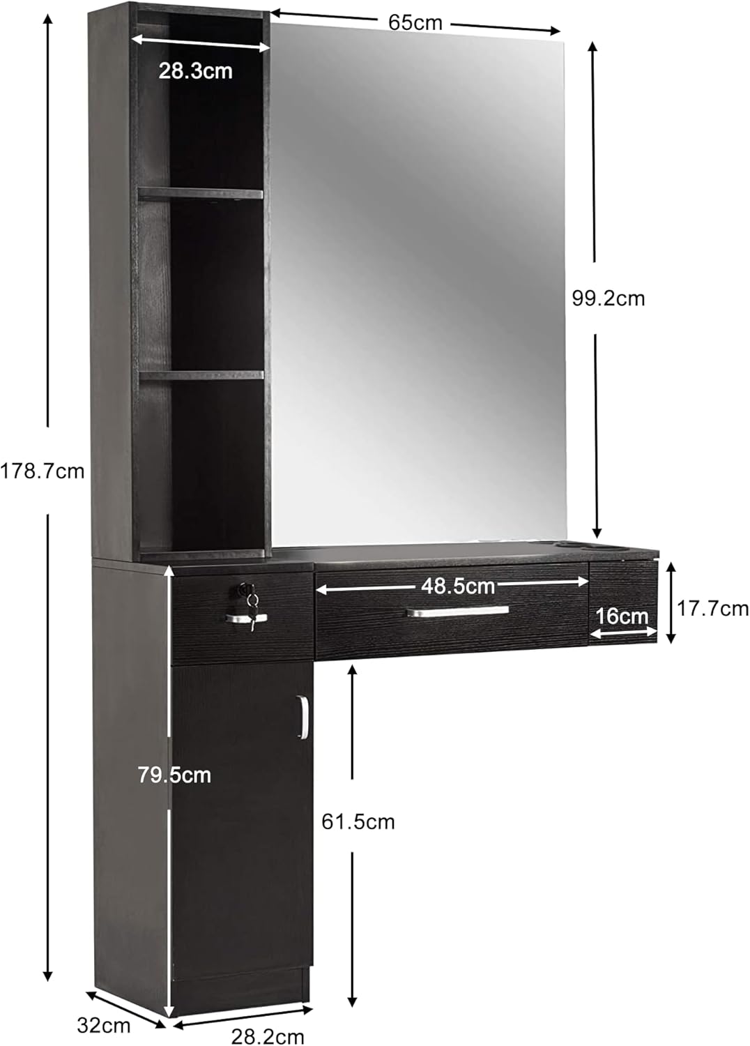 Barberpub 3036 Hairdresser with Drawers and Mirror, 3 Shelves and Hair Dryer Holder, Wooden Mirror Cabinet, Multi-purpose, Modern, 3036 (Black)