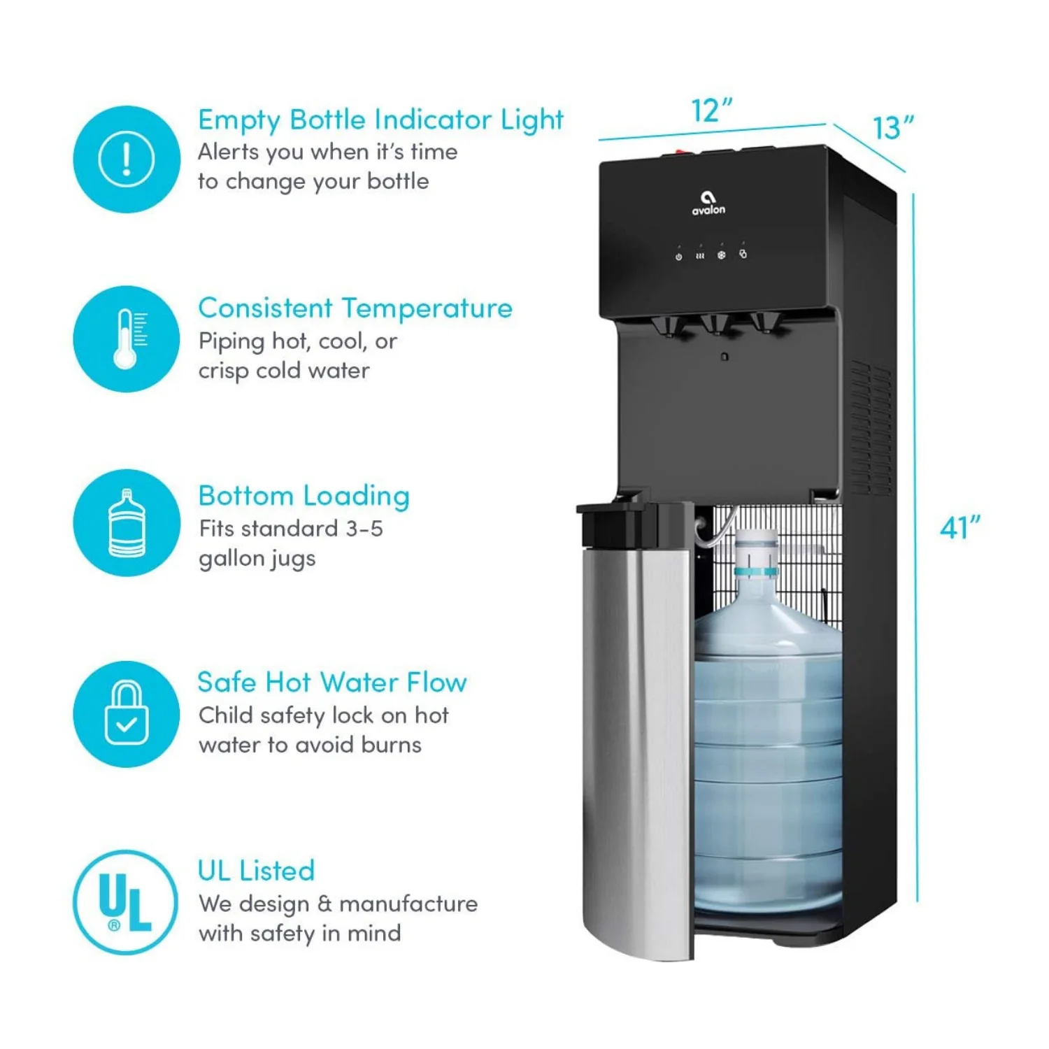 Avalon Waterkoeler met bodemvulling, waterdispenser met BioGuard, 3 temperatuurinstellingen
