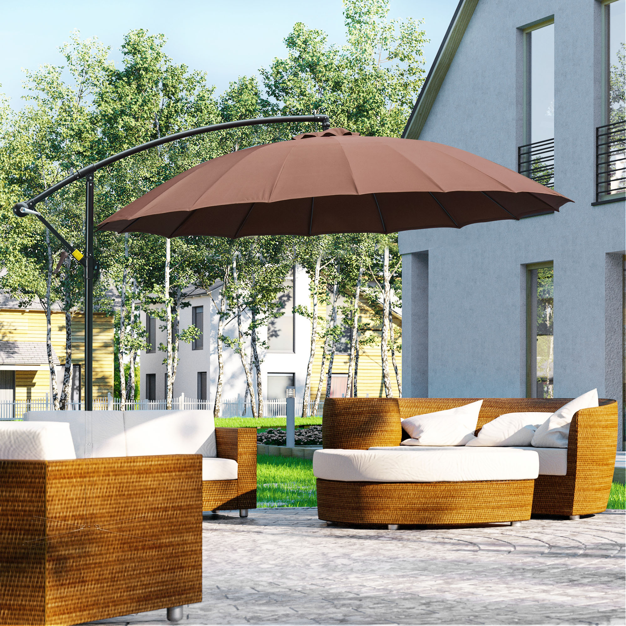 Outsunny Offset rund neigbarer Sonnenschirm mit Kurbel Metallgestell Mast dim. Ø 2,96 x 2,45H m hochdichtes Polyestergewebe Schokolade