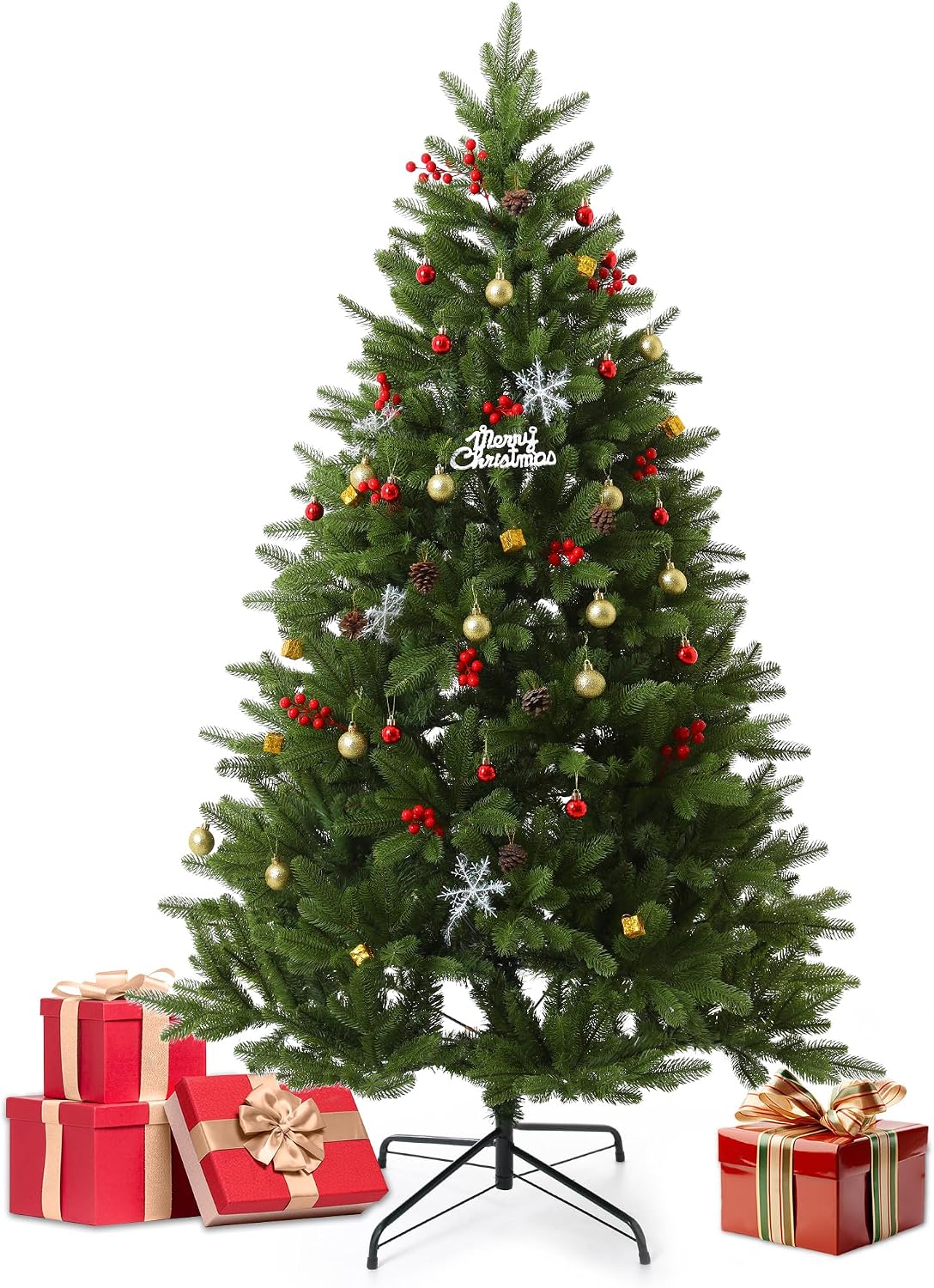 EVGN Künstliche Weihnachtsbäume, 240 cm, Grün/Rot/Gold, Künstlicher Weihnachtsbaum, Dichte Nordmanntanne wie echt