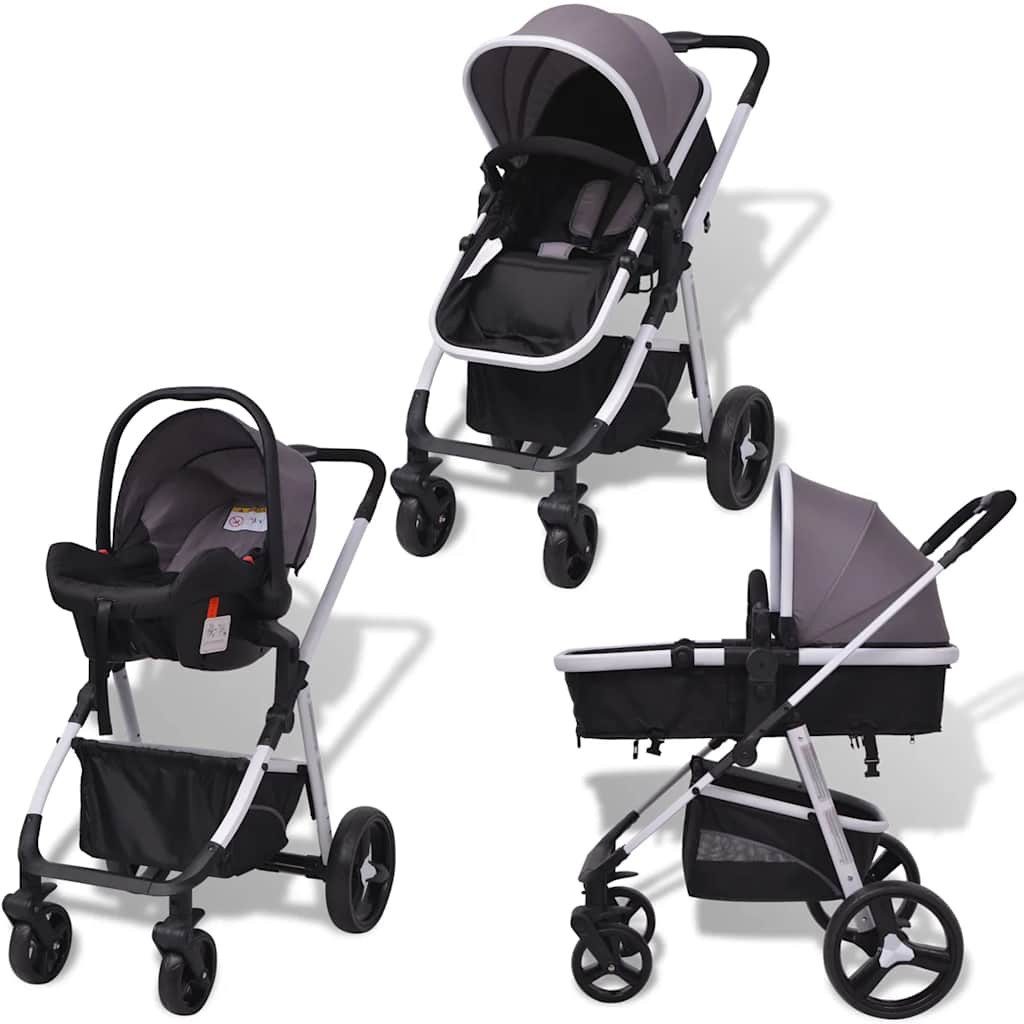 Kinder-Buggy 3-in-1 Kinderwagen Aluminium Grau und Schwarz