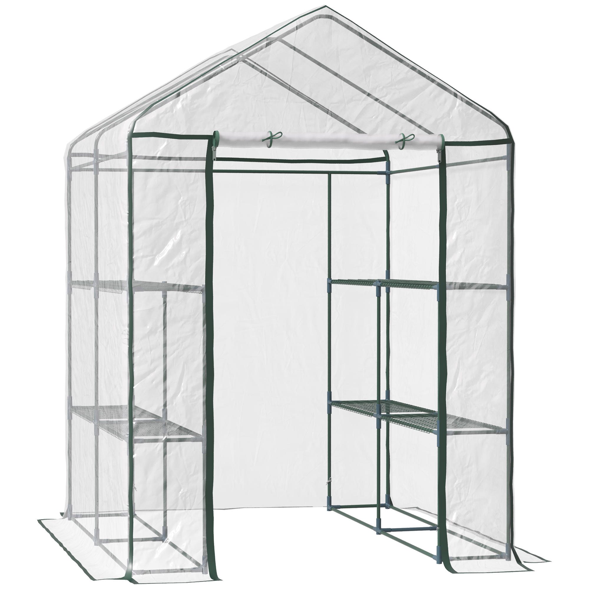 Outsunny Foliengewächshaus begehbares Gartenhäuschen Tomatengewächshaus Treibhaus Frühbeet mit 6 Regalen Transparent Stahl PVC-Kunststoff 143 x 143 x 195 cm