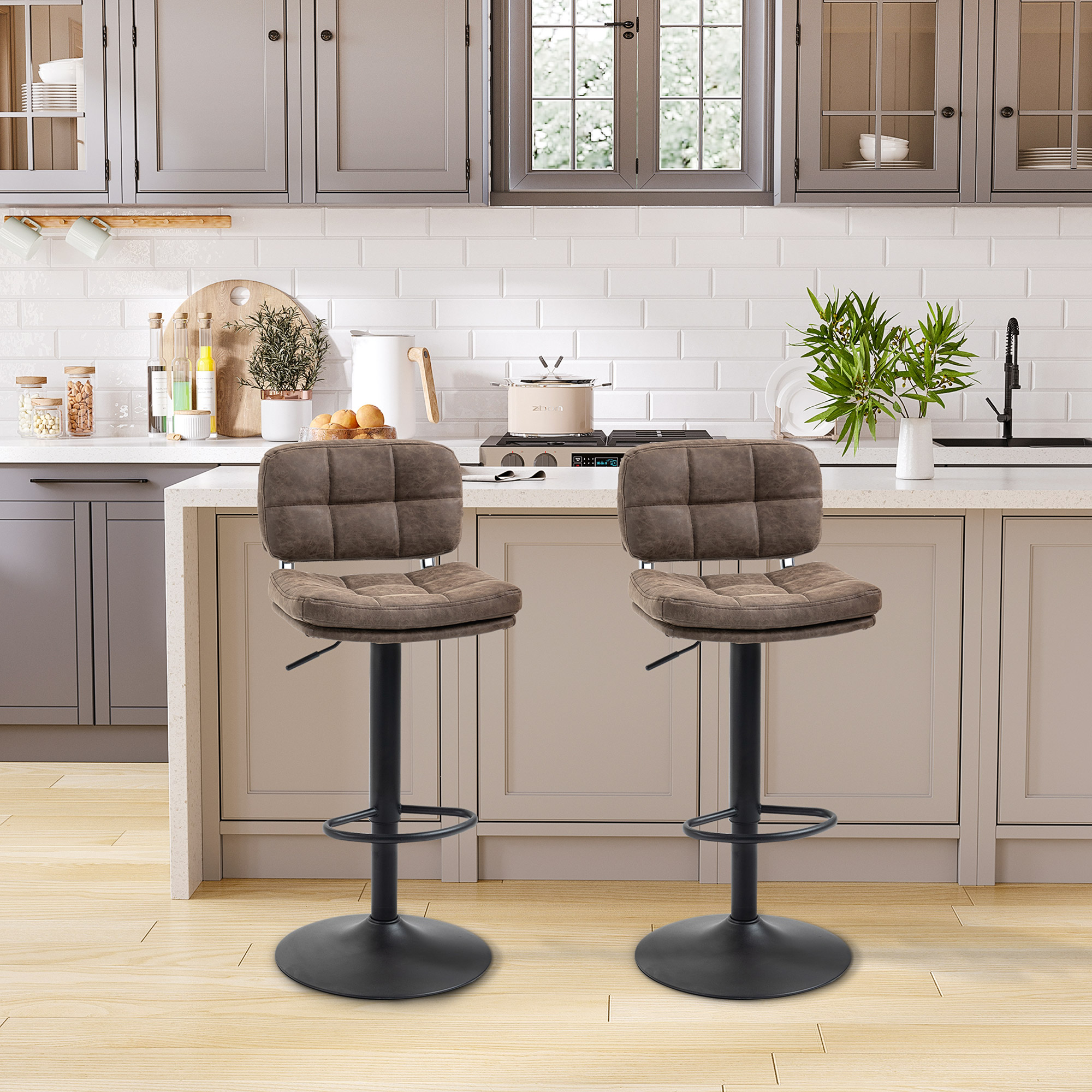 HOMCOM Set mit 2 Vintage Barhockern, gepolstert - drehbar, höhenverstellbar - Fußstütze - braunes synthetisches Leder
