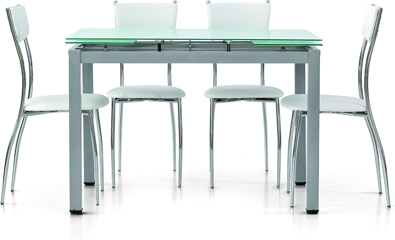 KONTE.DESIGN Tavolo RAPALLO allungabile in vetro bianco opaco e base metallo satinato grigio, 110x70x76 cm