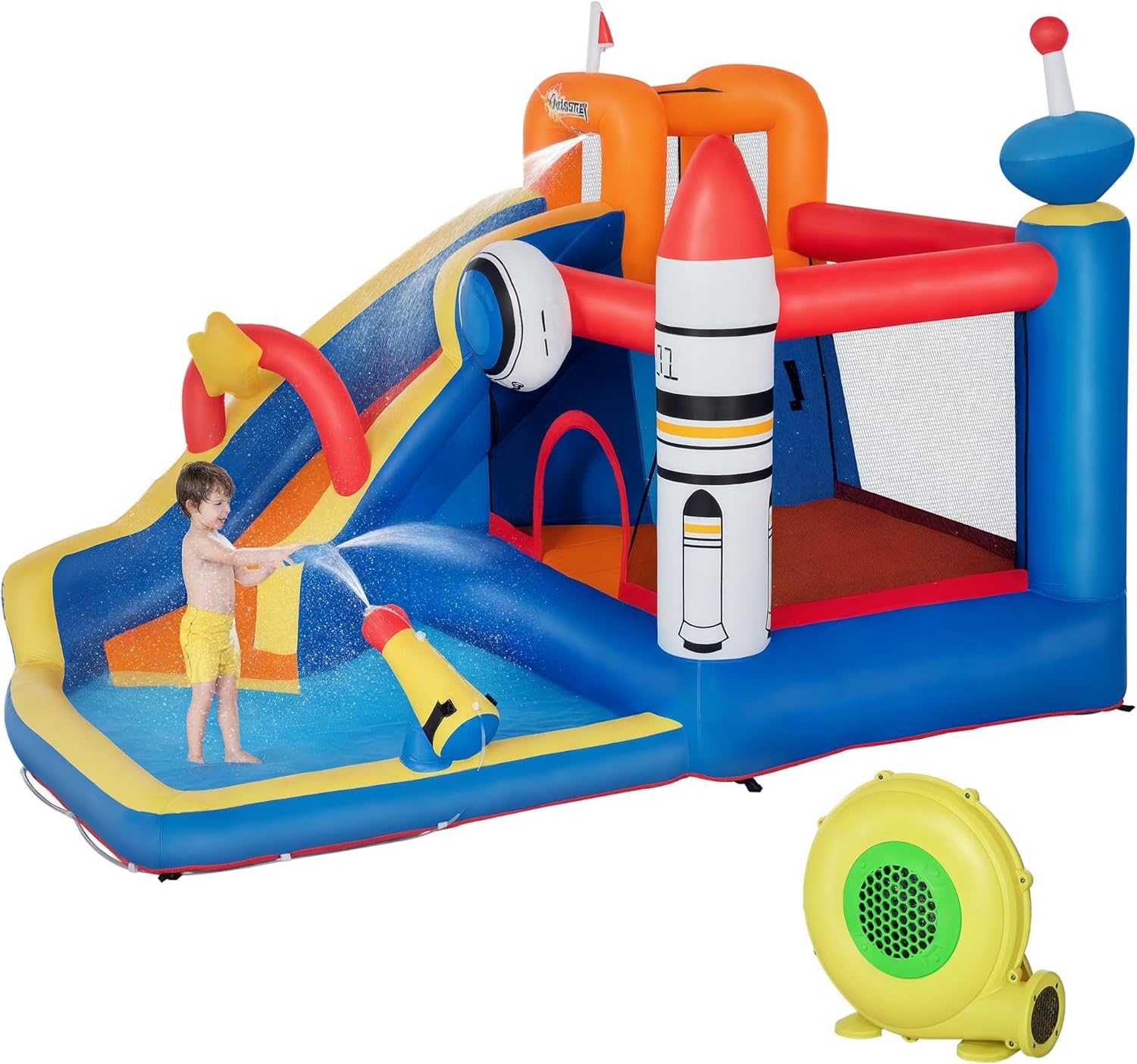 Outsunny Castello Gonfiabile per Bambini 3-8 Anni a tema Spazio con Borsa da Trasporto, 11 Paletti e Toppe Inclusi, in Tessuto Oxford, 340x270x227 cm