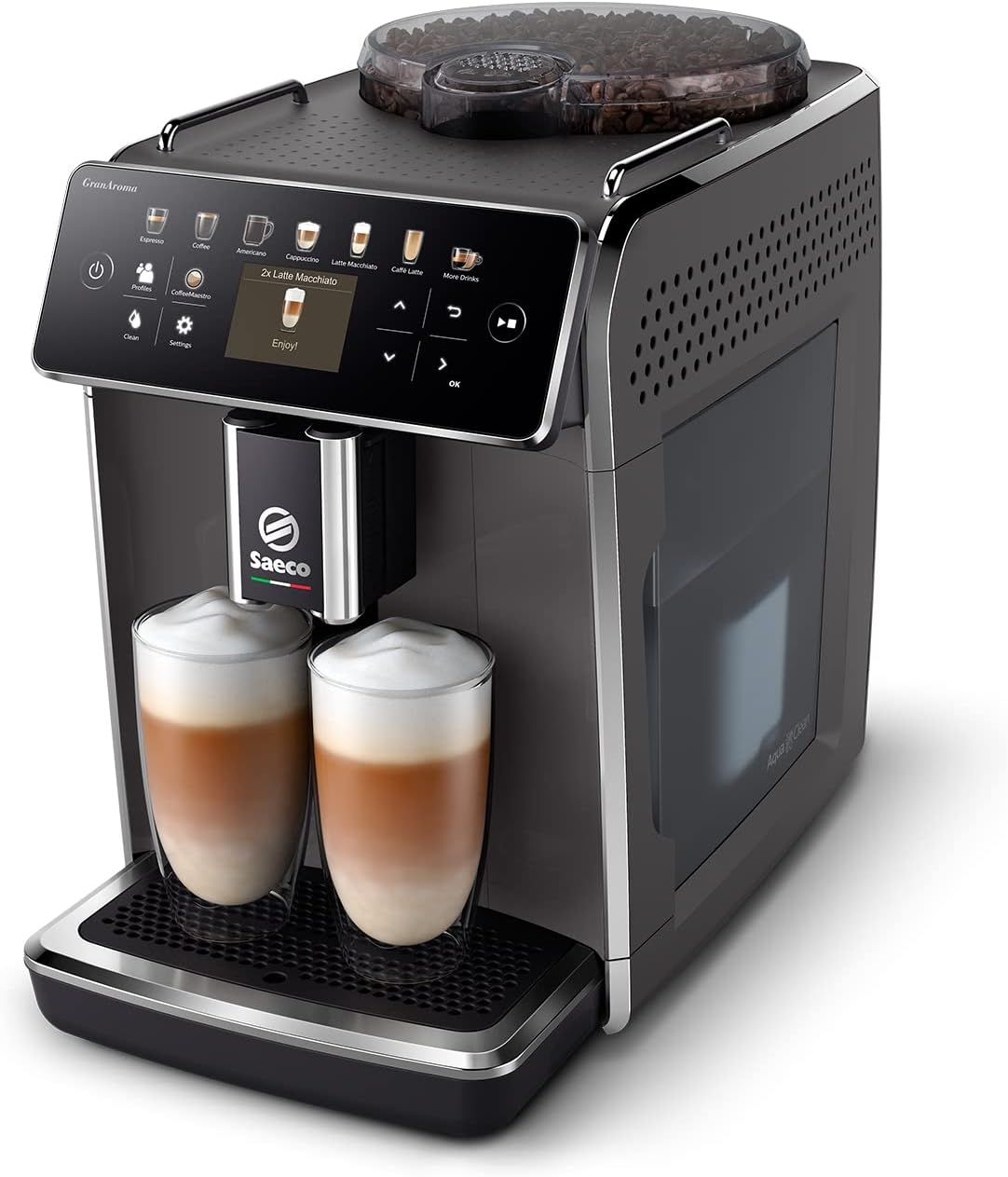 Saeco GranAroma Macchina da Caffè Automatica - 14 Bevande Programmabili, LattePerfetto, Macinacaffè in Ceramica, Aroma Extract, 4 Profili Utente, Display Touch a Colori, Grigio (SM6580/10)