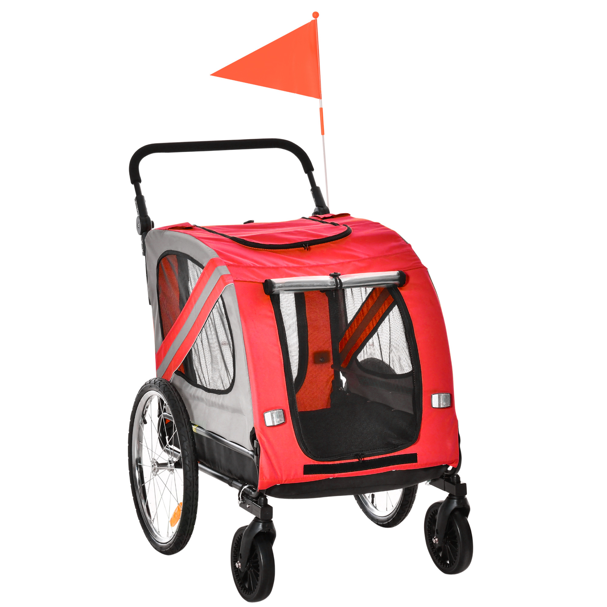 PawHut 2-in-1 Hundeanhänger Hundebuggy bis 20kg Sicherheitsleine Reflektoren Flagge Zustange 140 cm x 72, 5 cm x 108 cm Rot