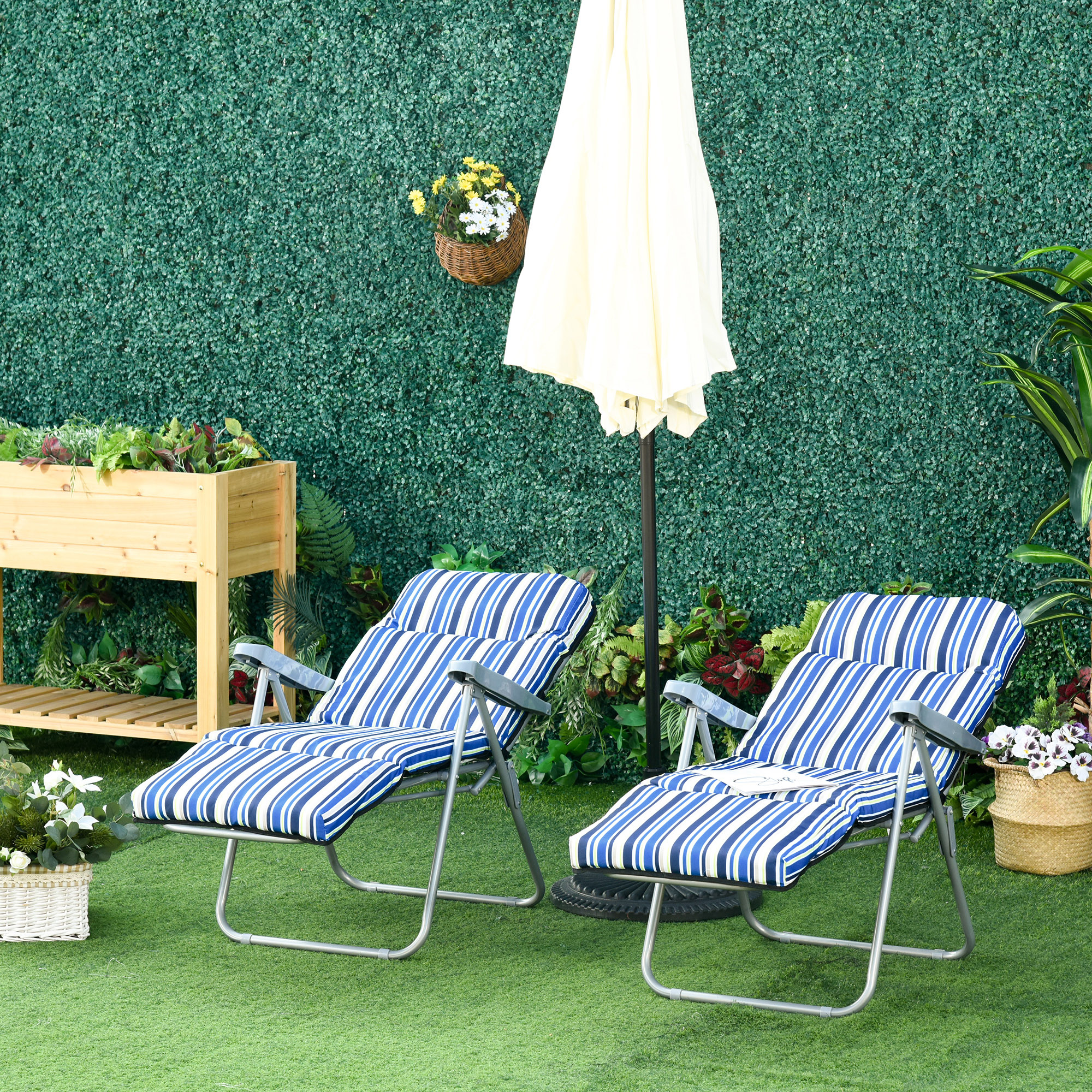 Outsunny 2er-Set Liegestuhl Set mit Kissen klappbar Sonnenliege 5 Stufen verstellbarer Rückenlehne Gartenliege Gartenmöbel Set Stahl Polyester Blau 60 x 75 x 65-102 cm