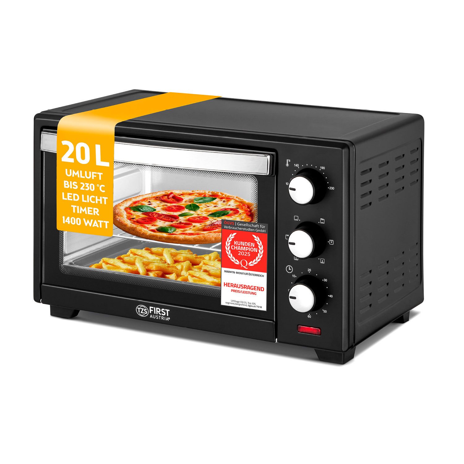 Minibackofen 20L 1380W, stufenlose Temperaturregelung bis 230°C