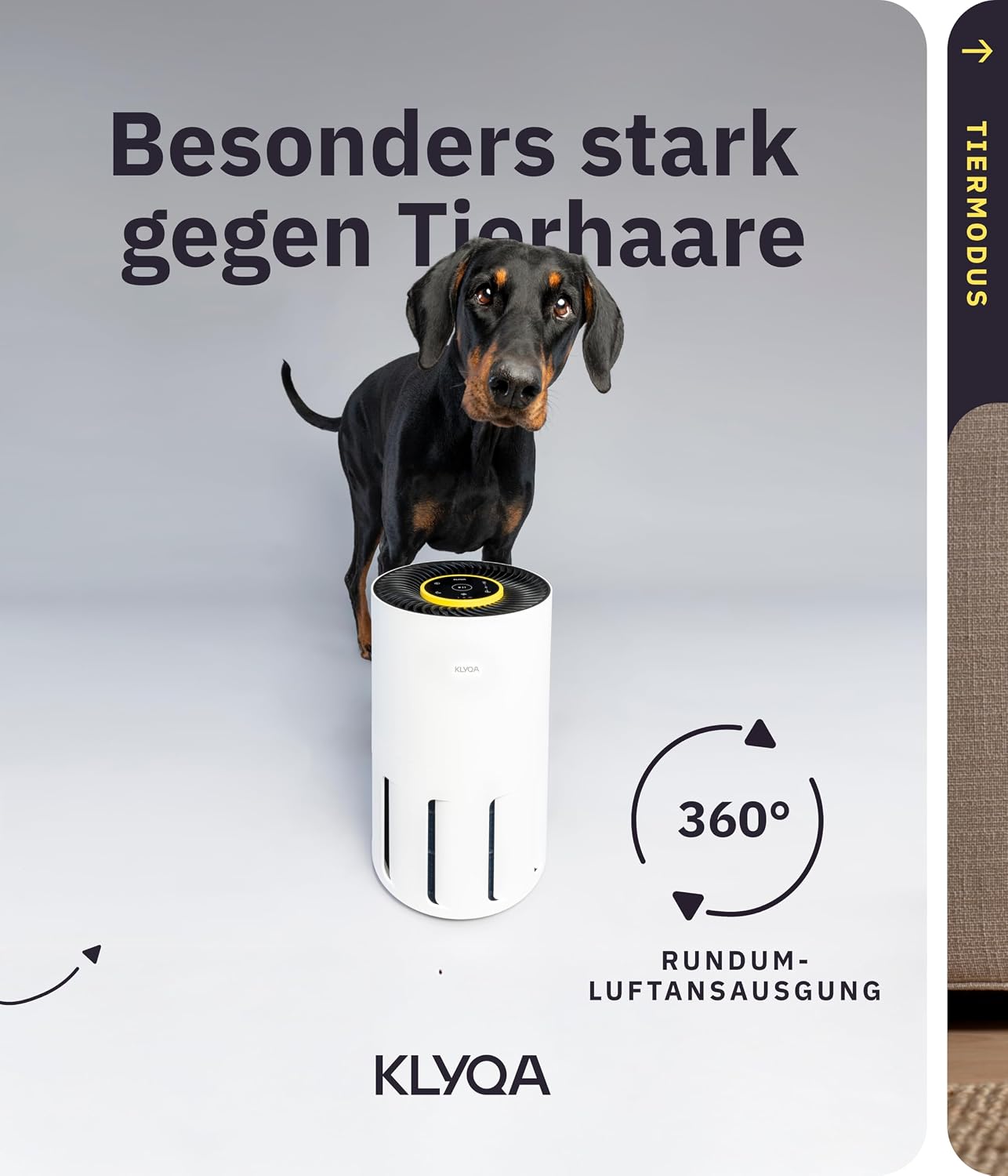 Klyqa Luftreiniger Allergiker 360° HEPA-Filter Pet entfernt 99,99% der Tierhaare, Staub & Pollen I 300 CADR I 21,5Db Geräuscharmer Luftfilter I Smart Air purifier gegen Tierhaar I Server in DE