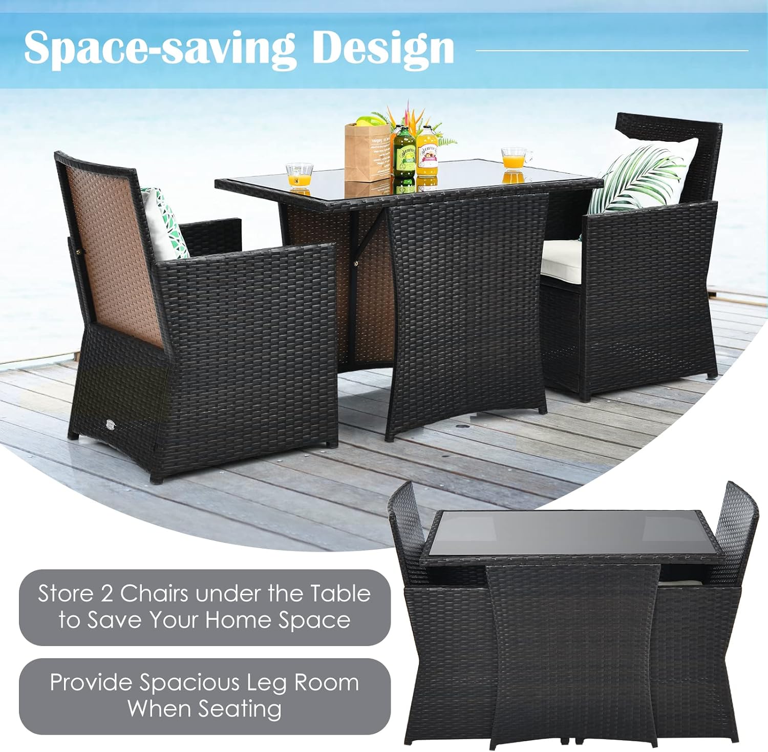 GIANTEX Set di Mobili da Giardino in Rattan,Tavolo da Pranzo con 2 Sedie, Set di Mobili da Balcone in Rattan per 2 Persone, Set da Balcone Salvaspazio