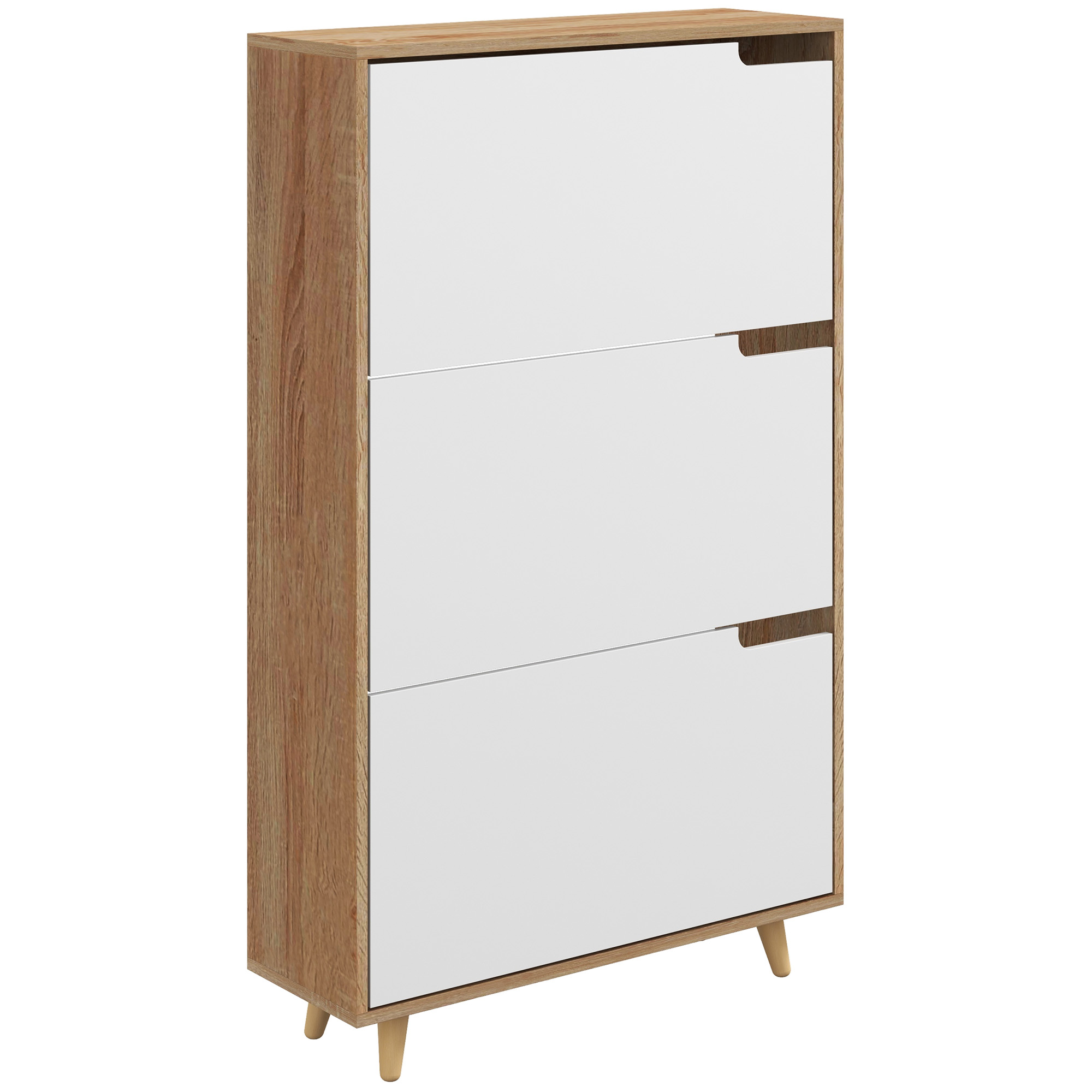 HOMCOM Schuhschrank 3 klappbare Türen mit verstellbarem Regal, 72B x 24T x 119H cm, Natur und Weiß