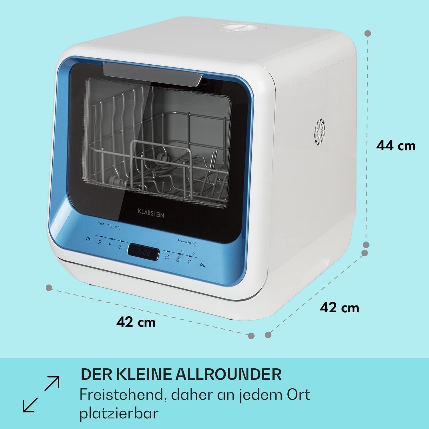 Klarstein  ia Mini Geschirrspüler, Spülmaschine mit Platz für 2 Maßgedecke, 6 Programme, 5 L Wasser benötigt, LED-Display, Touch, Tischgeschirrspüler inkl. Zubehör, schwarz