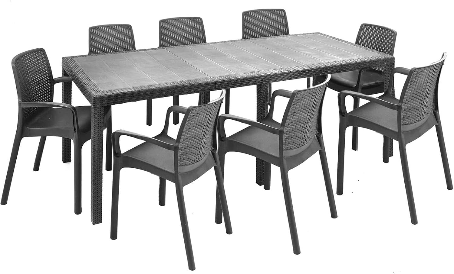 Dmora - Set tavolo e sedie Moie, Salottino indoor, Tavolo rettangolare allungabile con 8 sedie con braccioli, Made in Italy, Antracite