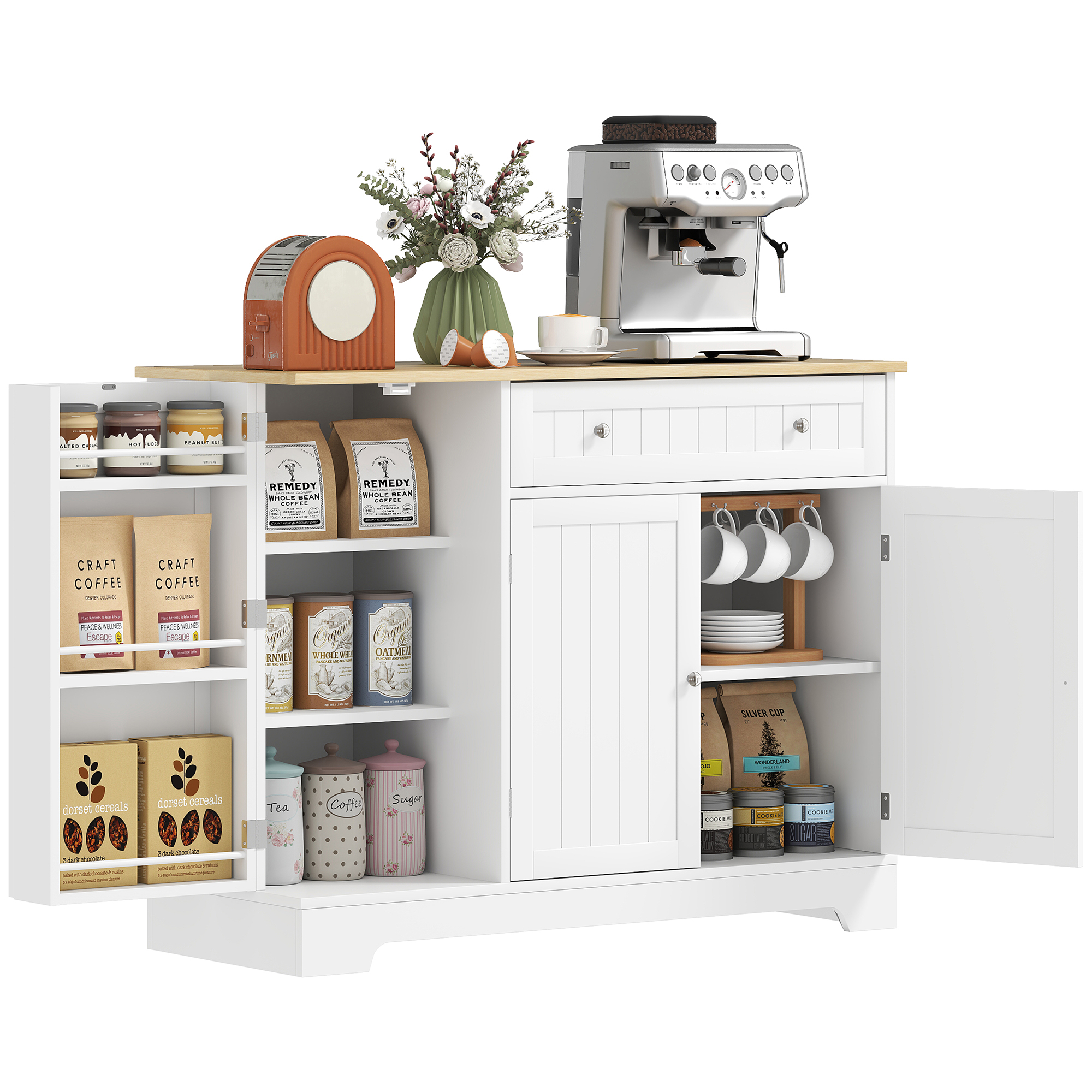 HOMCOM Buffet Küche, Aufbewahrungsmöbel mit 3 Türen, Schublade, Türregale und verstellbarem Regal, 105x40x83cm, weiß