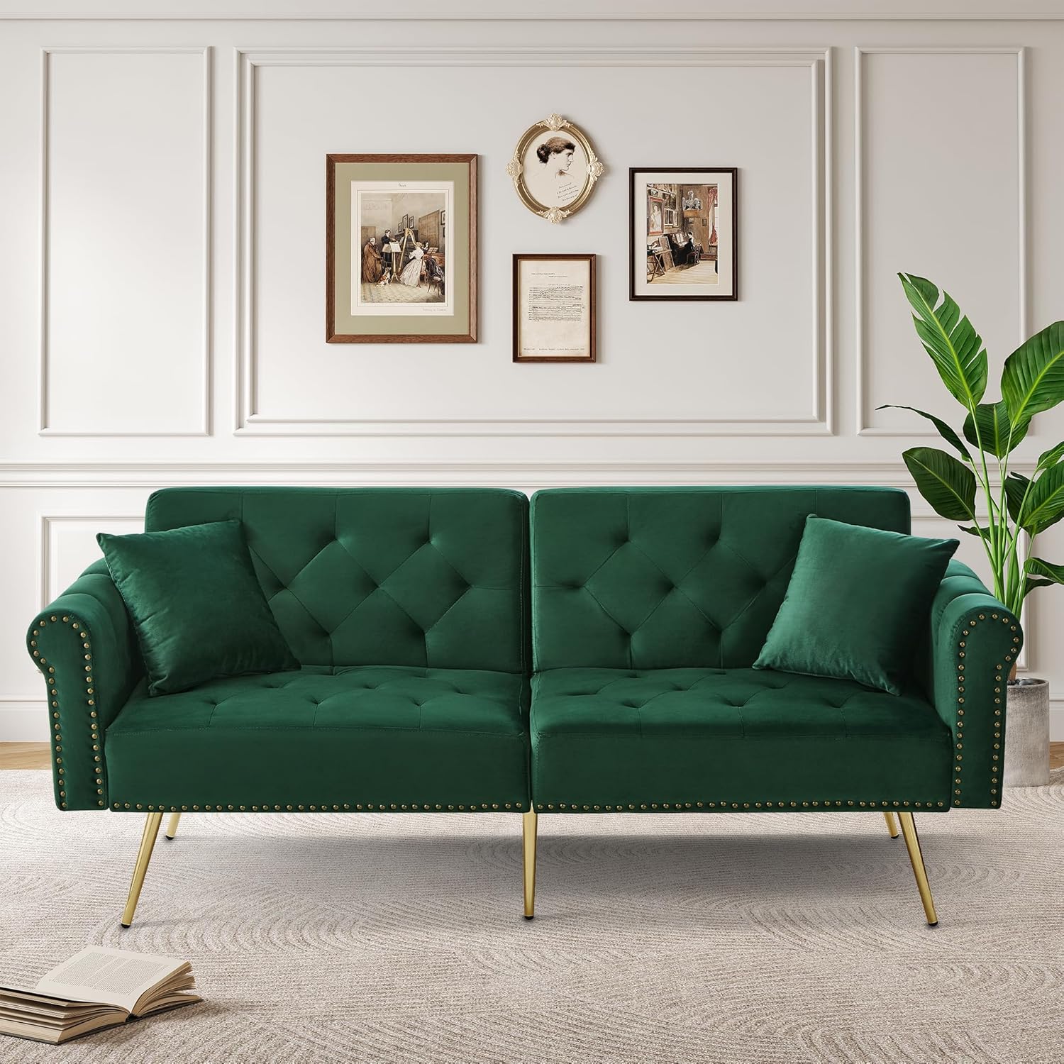 Moderno divano letto a 2 posti, rivestimento in velluto, schienale con 3 livelli di regolazione e piedini in metallo dorato, elegante divano con funzione di sonno, salvaspazio, resistente (verde