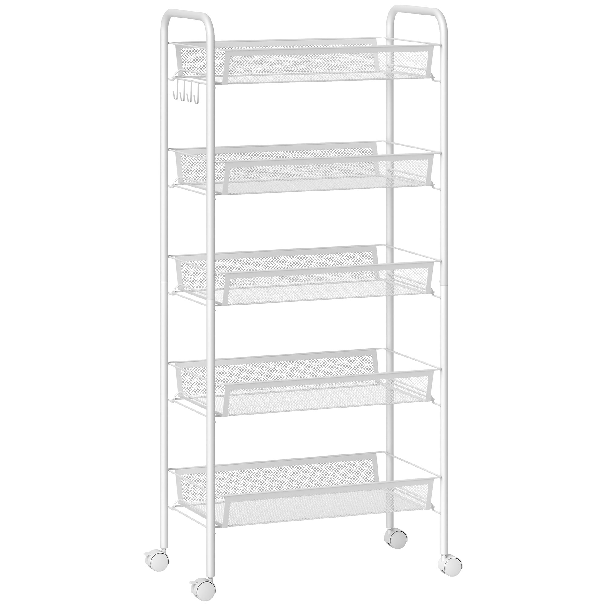 HOMCOM Küchenwagen mit 5 Drahtkörben aus Stahl, 45x26,5x106 cm, Weiß