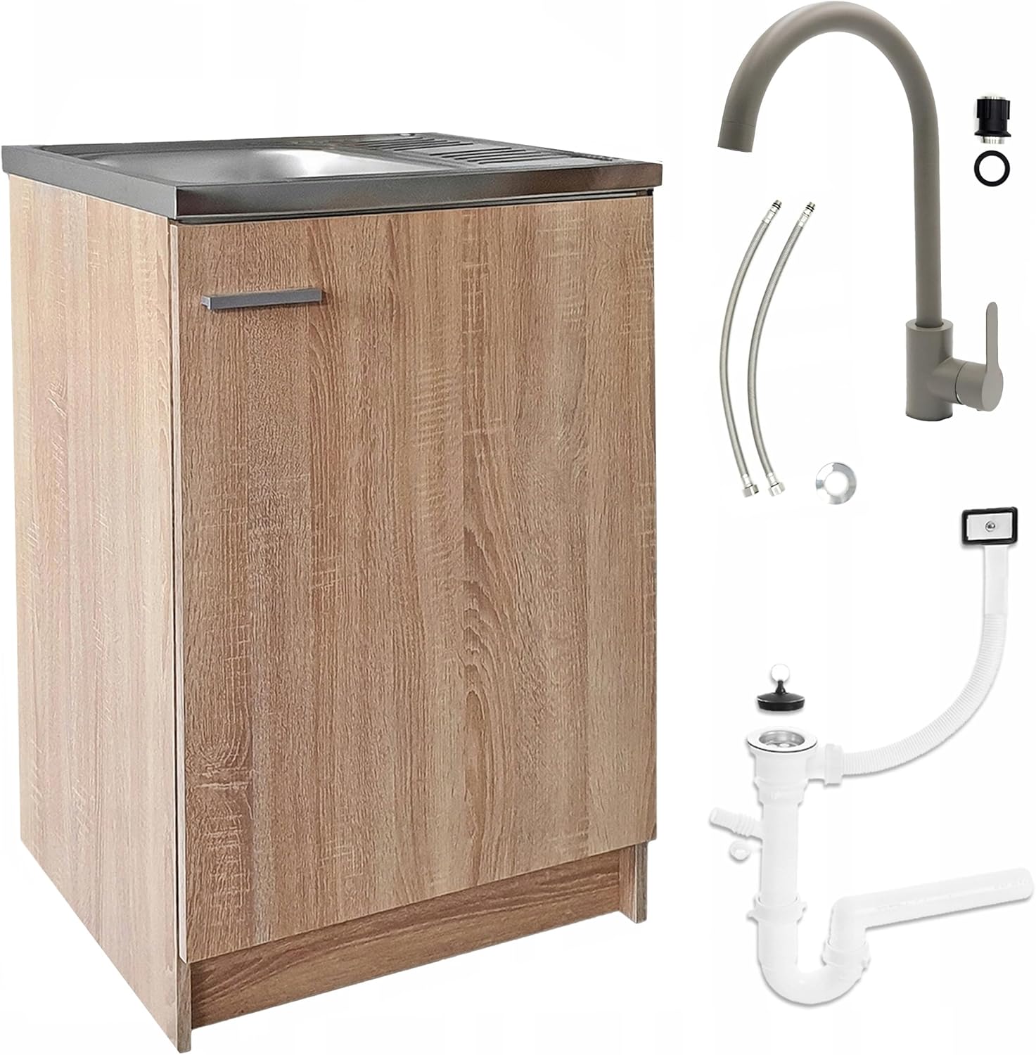 Armadietto da cucina 60 cm Sonoma lavello con rubinetto e sifone lavastoviglie completamente pronto per il montaggio