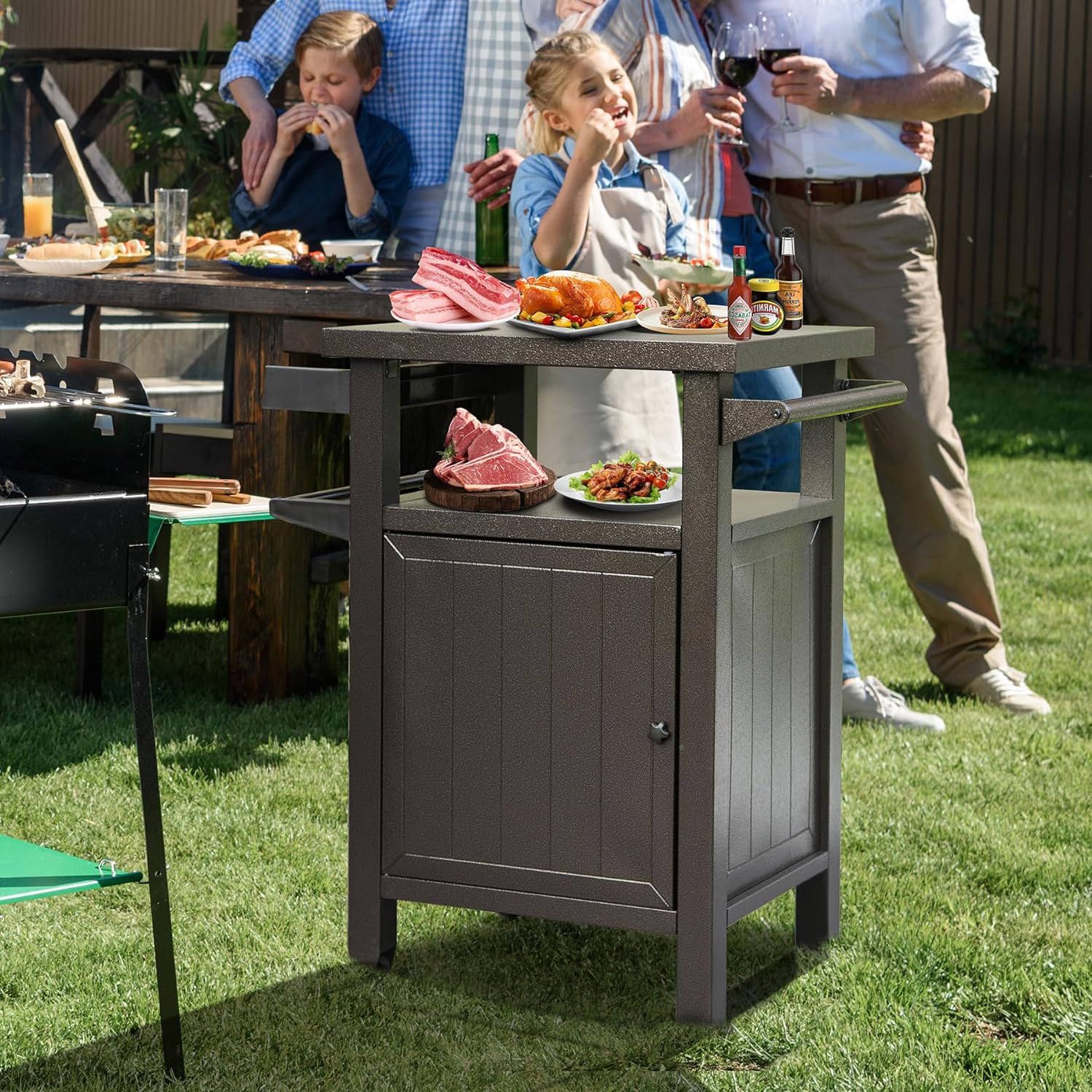 "Outdoor Grill Cart with Storage and Wheels, Metal Portable Table and Cabinet for BBQ, Deck, Patio, Backyard (Brown, L45xW20.31xH35.51 Inch)"